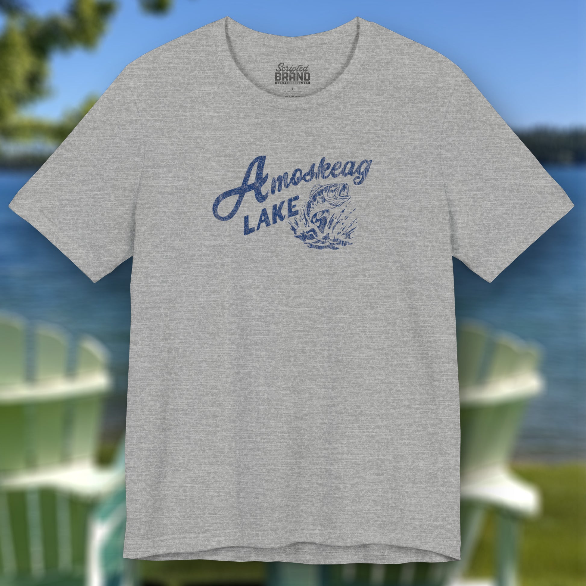 Heather Gray t-shirt featuring the Amoskeag Lake graphic worn by Salma Hayek in the movie Grown Ups in a vintage distressed style.