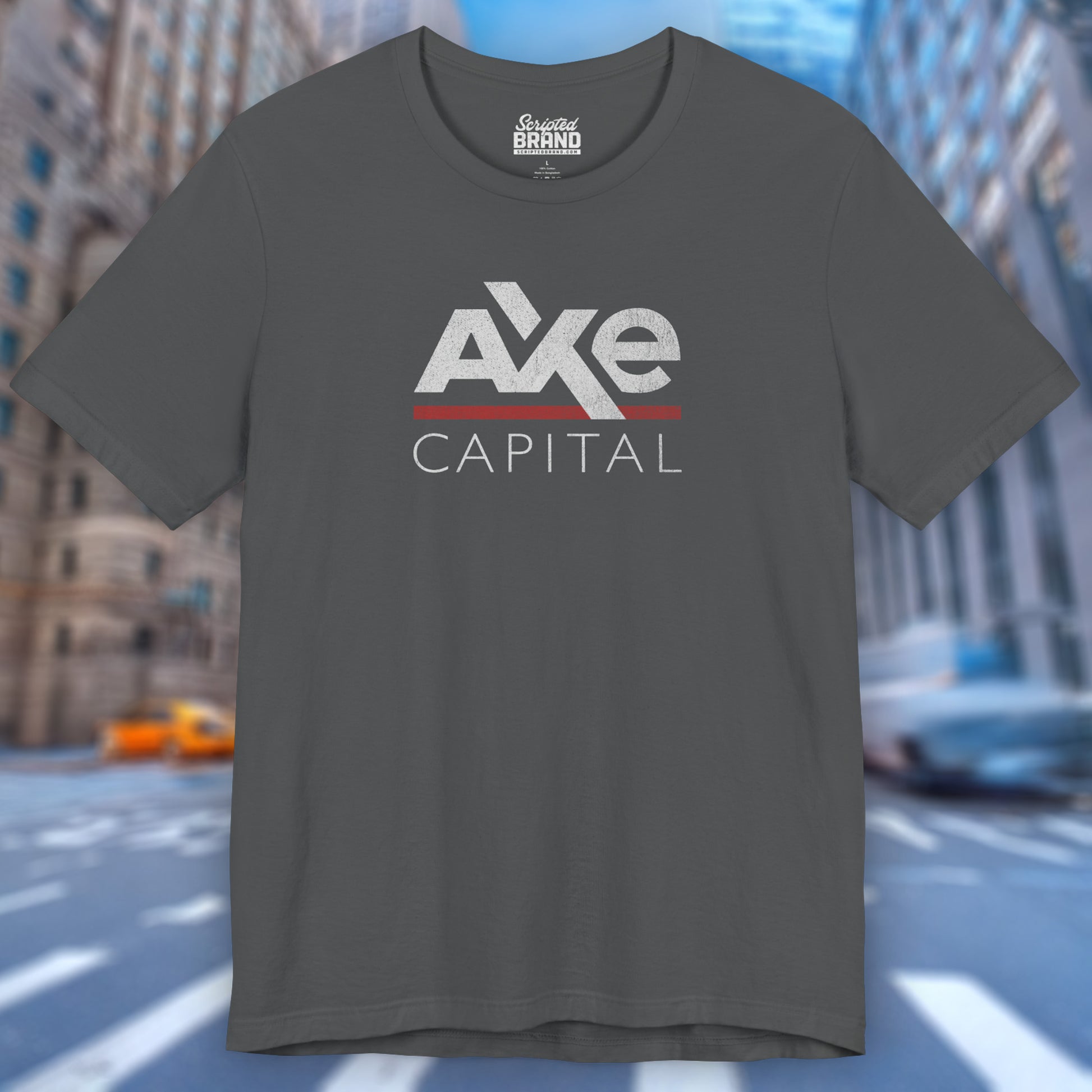 Front view of an asphalt grey colored soft Bella+Canvas 3001 short-sleeve t-shirt featuring the Axe Capital logo from the TV show Billions in a vintage distressed style, sold by ScriptedBrand.