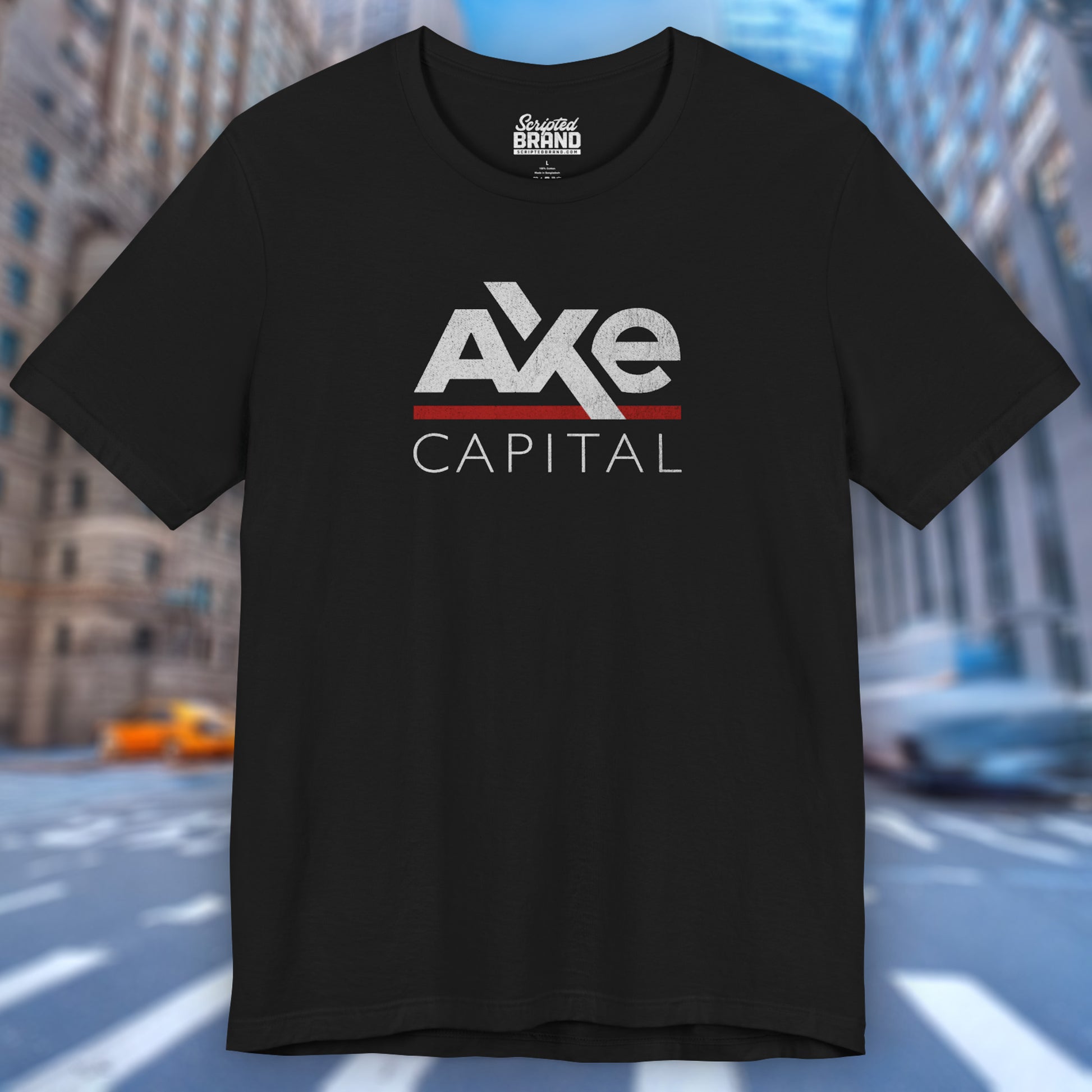 Front view of a black colored soft Bella+Canvas 3001 short-sleeve t-shirt featuring the Axe Capital logo from the TV show Billions in a vintage distressed style, sold by ScriptedBrand.