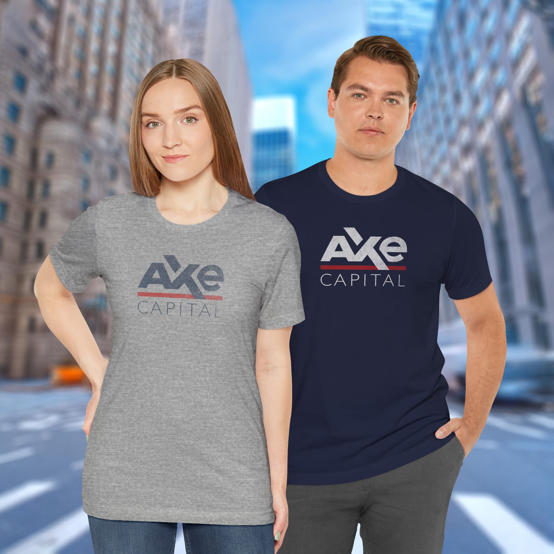 2 models wearing heather grey and navy blue colored soft Bella+Canvas 3001 short-sleeve t-shirts featuring the Axe Capital logo from the TV show Billions in a vintage distressed style, sold by ScriptedBrand.
