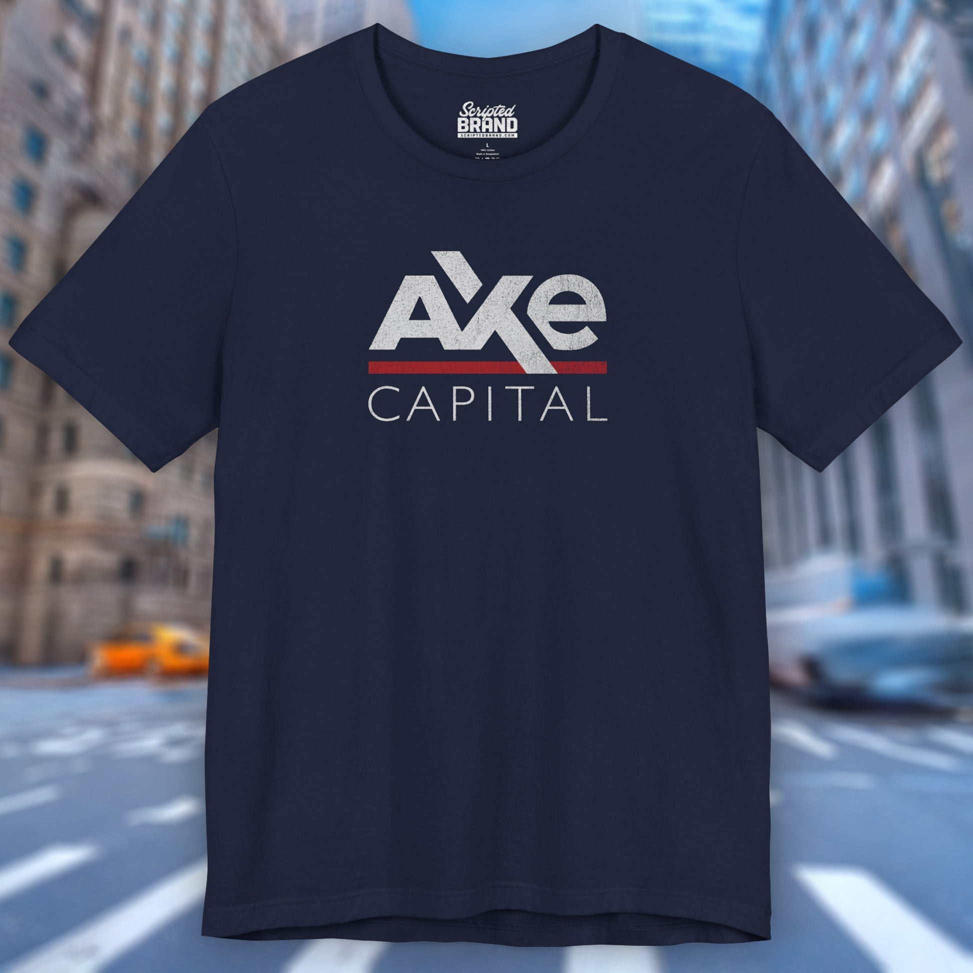 Front view of a navy blue colored soft Bella+Canvas 3001 short-sleeve t-shirt featuring the Axe Capital logo from the TV show Billions in a vintage distressed style, sold by ScriptedBrand.