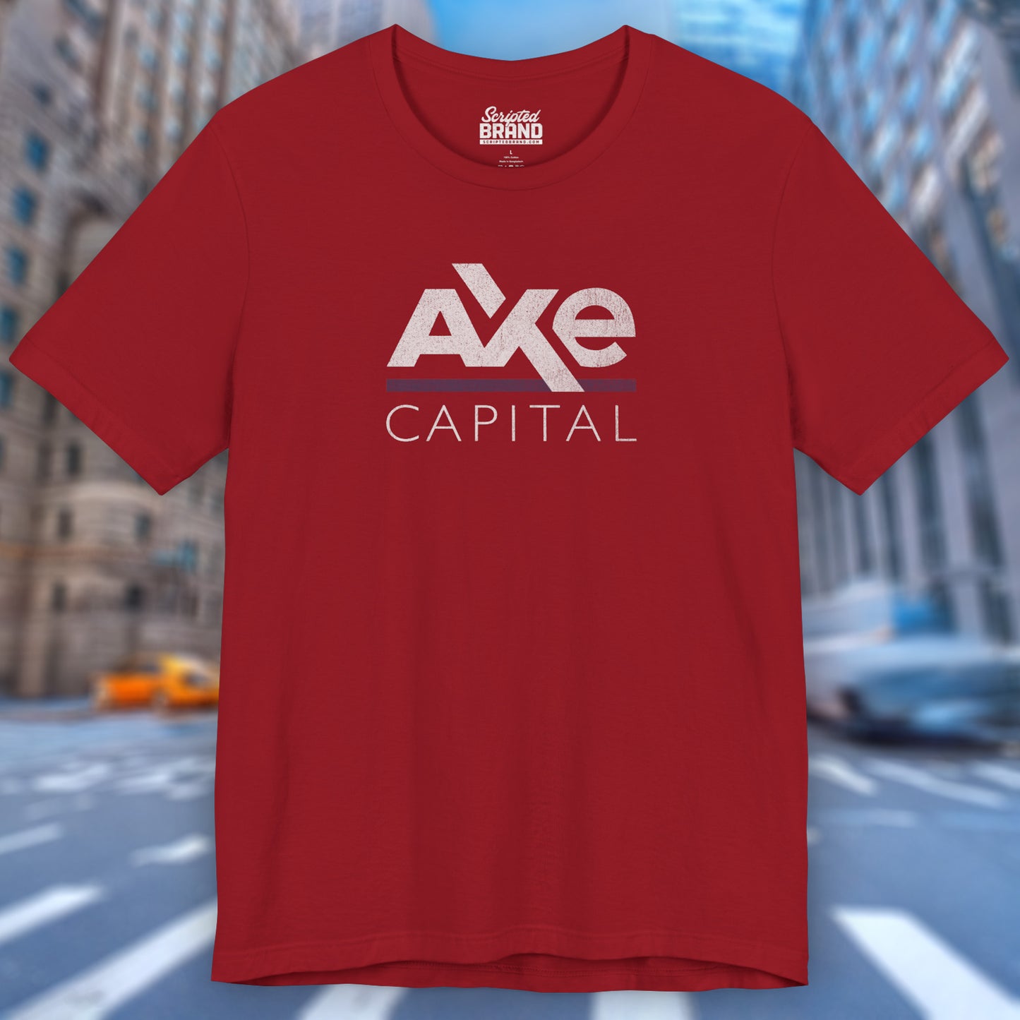 Front view of a canvas red colored soft Bella+Canvas 3001 short-sleeve t-shirt featuring the Axe Capital logo from the TV show Billions in a vintage distressed style, sold by ScriptedBrand.