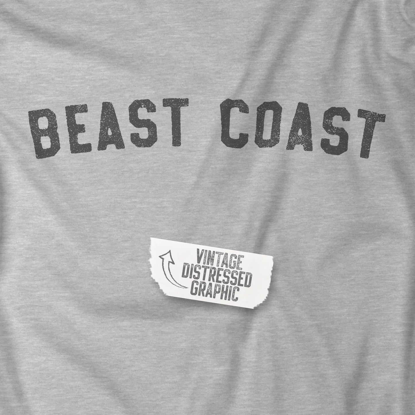 Closeup of Athletic Heather t-shirt with vintage BEAST COAST text inspired by Mac from It’s Always Sunny in Philadelphia.