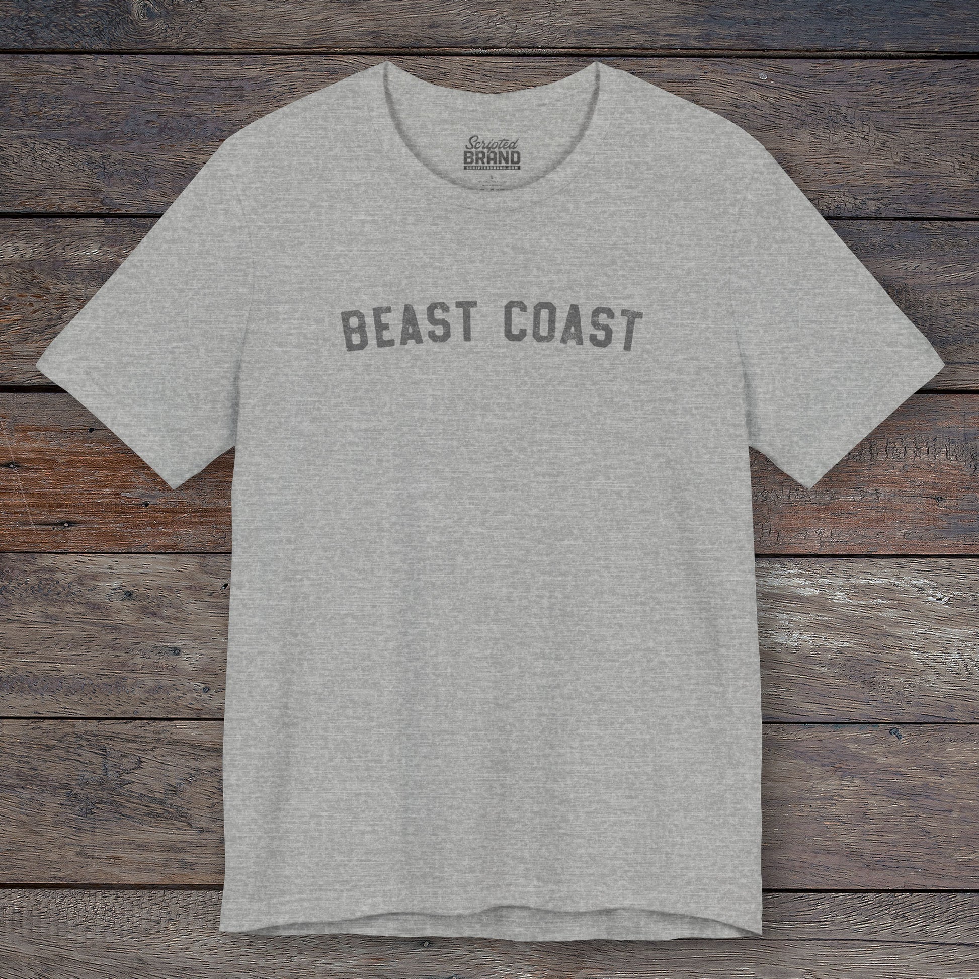Front view of Athletic Heather t-shirt with vintage BEAST COAST text inspired by Mac from It’s Always Sunny in Philadelphia.