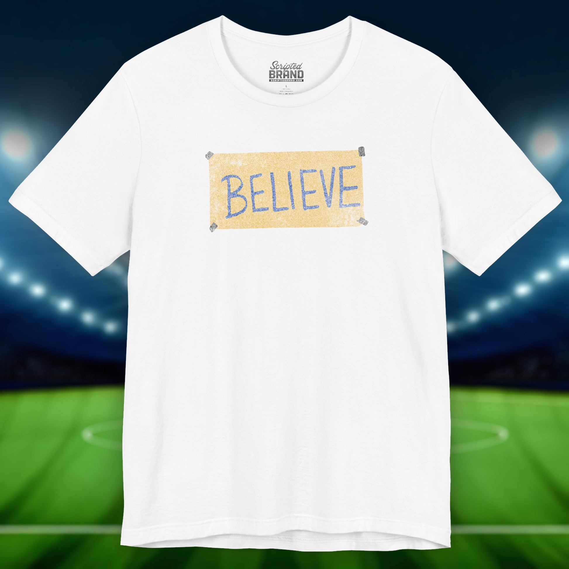 Front view of a white colored soft Bella+Canvas 3001 short-sleeve t-shirt featuring a logo graphic of the BELIEVE sign Ted Lasso hung in the fictional English soccer team AFC Richmond locker room, inspired by the TV show Ted Lasso in a vintage distressed style, sold by ScriptedBrand.