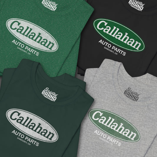 Group of 4 soft short-sleeve t-shirts with the Callahan Auto Parts logo from the movie Tommy Boy in a vintage distressed style.