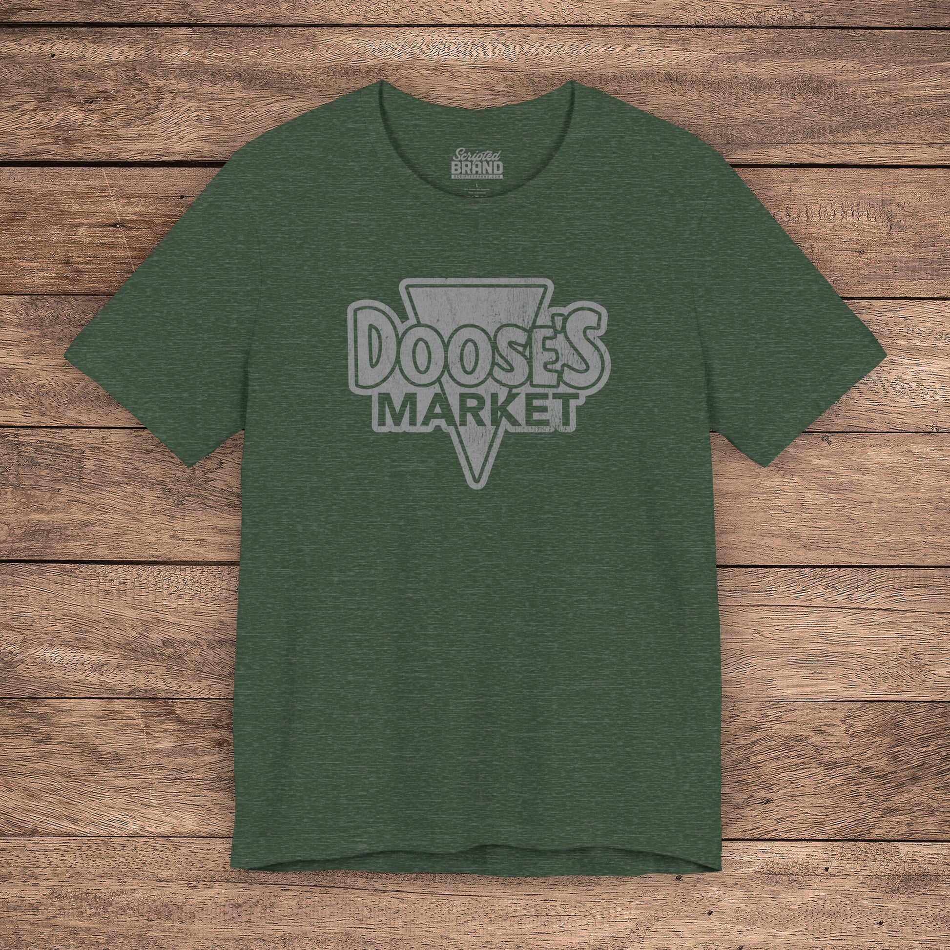 Heather Forest green Bella+Canvas t-shirt with a vintage-style Doose’s Market logo graphic, inspired by Gilmore Girls
