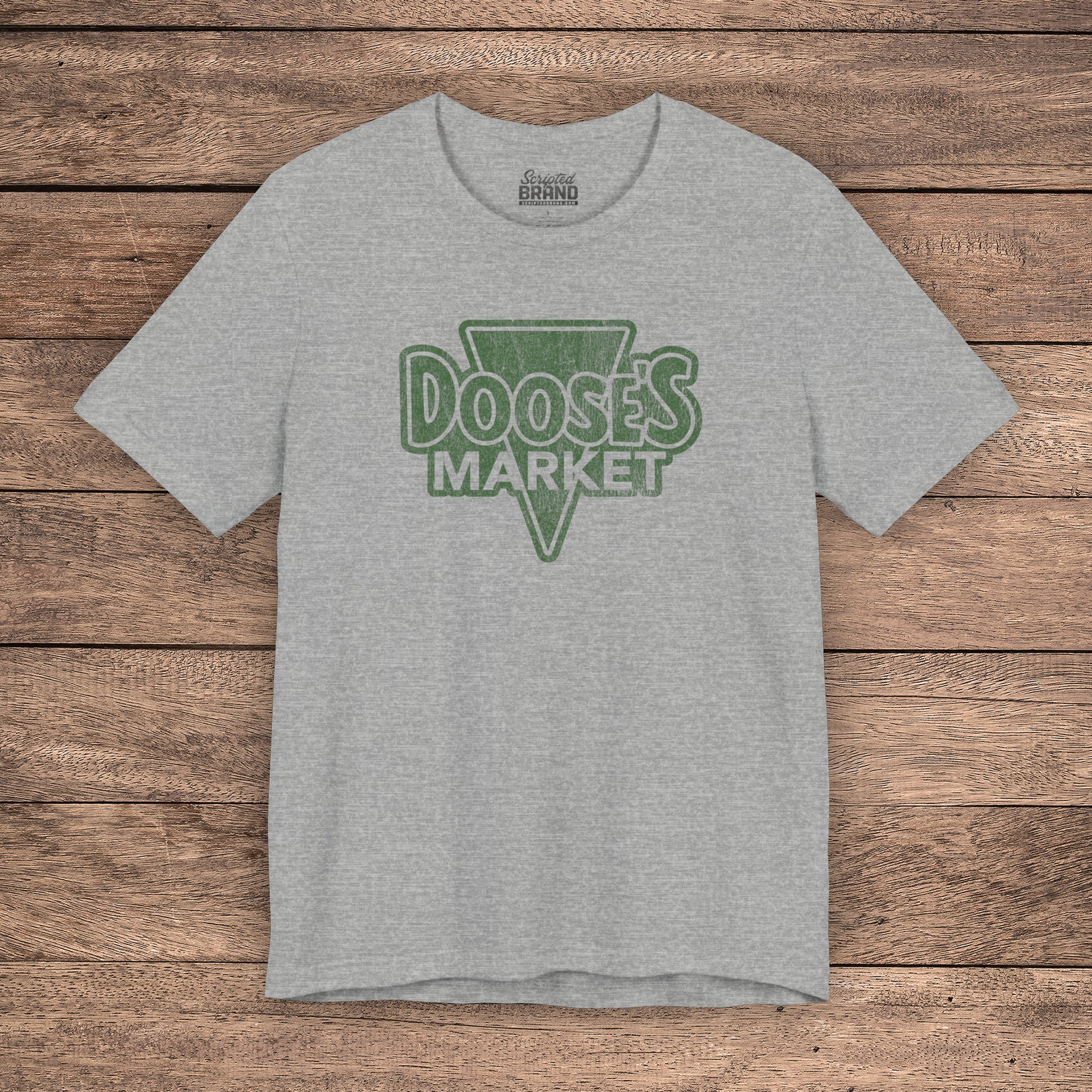 Heather Gray Bella+Canvas t-shirt with a vintage-style Doose’s Market logo graphic in green, inspired by Gilmore Girls