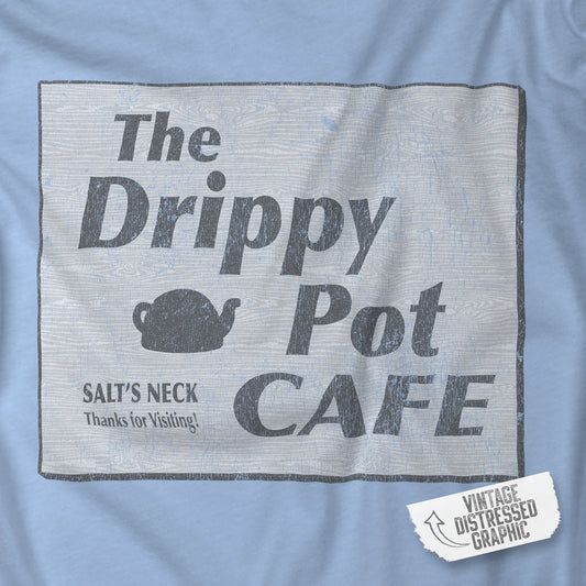 closeup of baby blue short-sleeve t-shirt featuring vintage Drippy Pot Café logo from Severance TV show, unisex fit