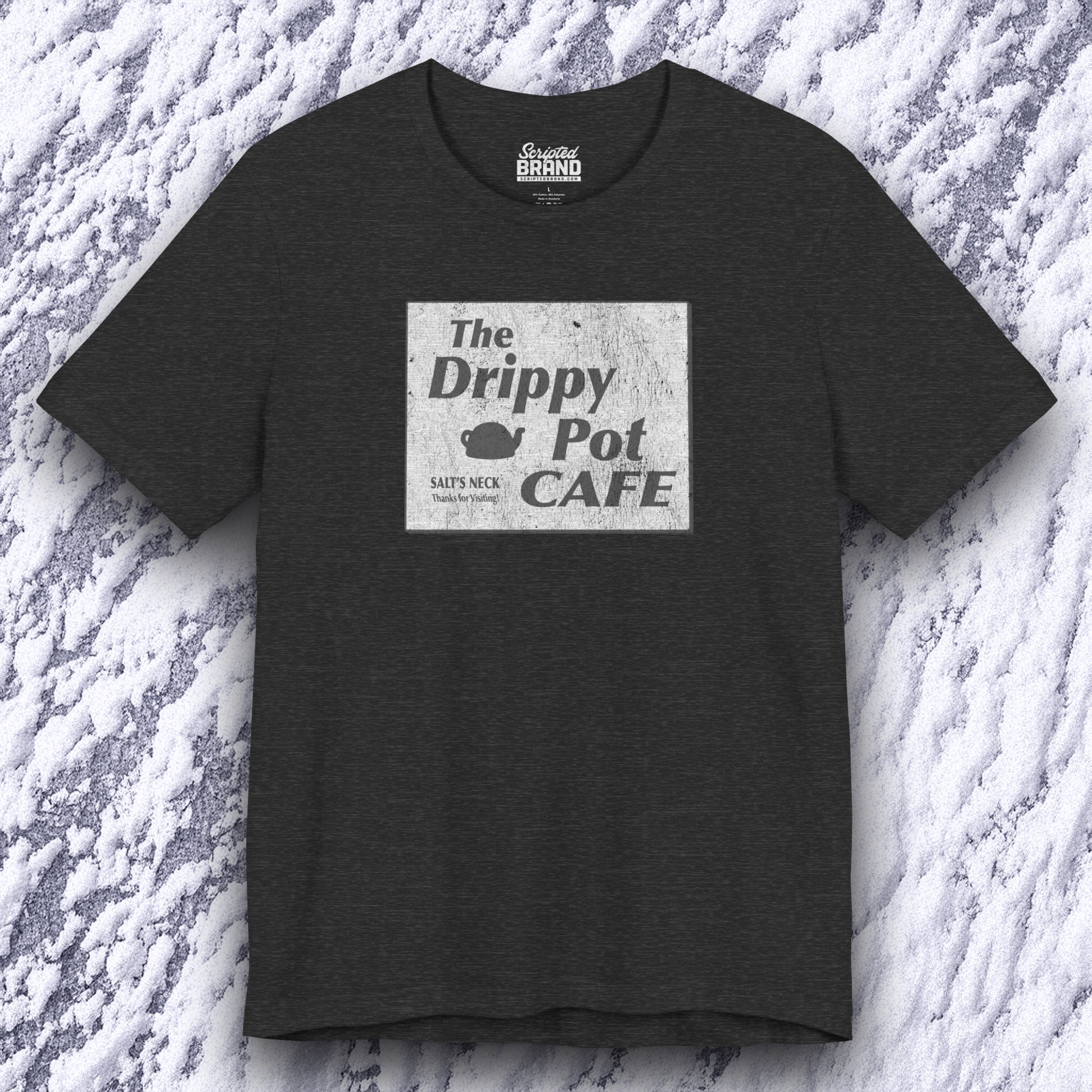 front view of dark grey heather short-sleeve t-shirt featuring vintage Drippy Pot Café logo from Severance TV show, unisex fit