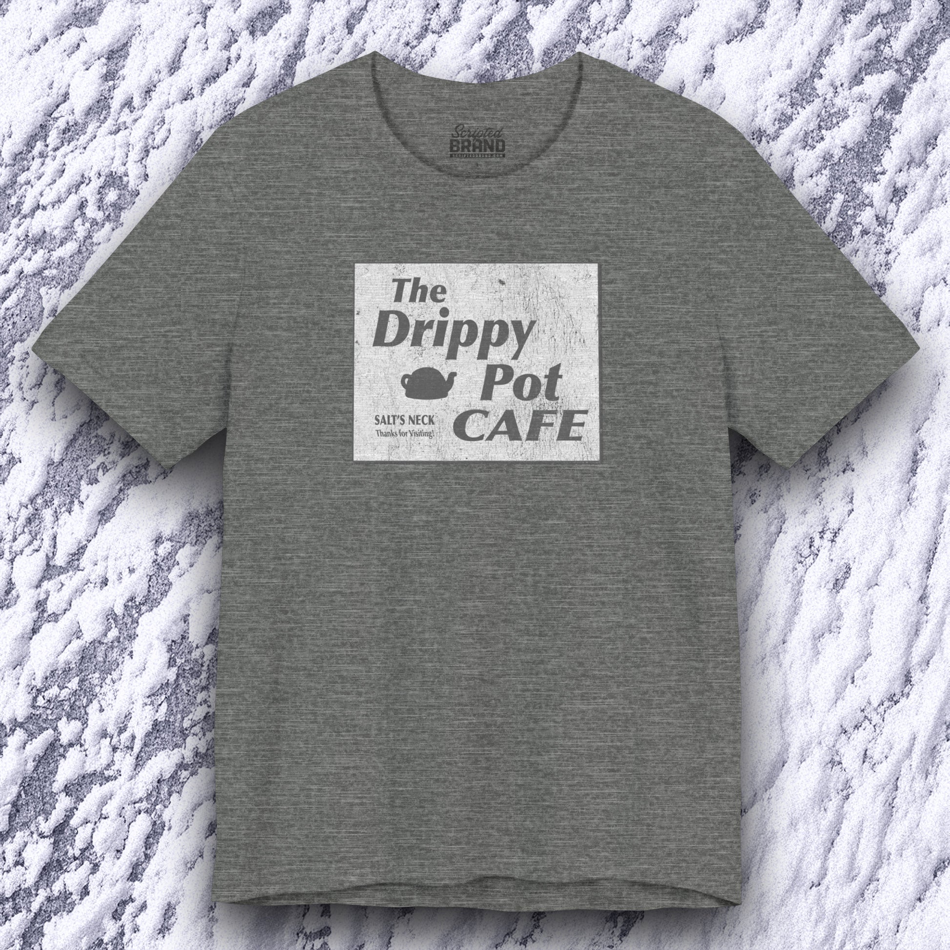 front view of deep heather short-sleeve t-shirt featuring vintage Drippy Pot Café logo from Severance TV show, unisex fit