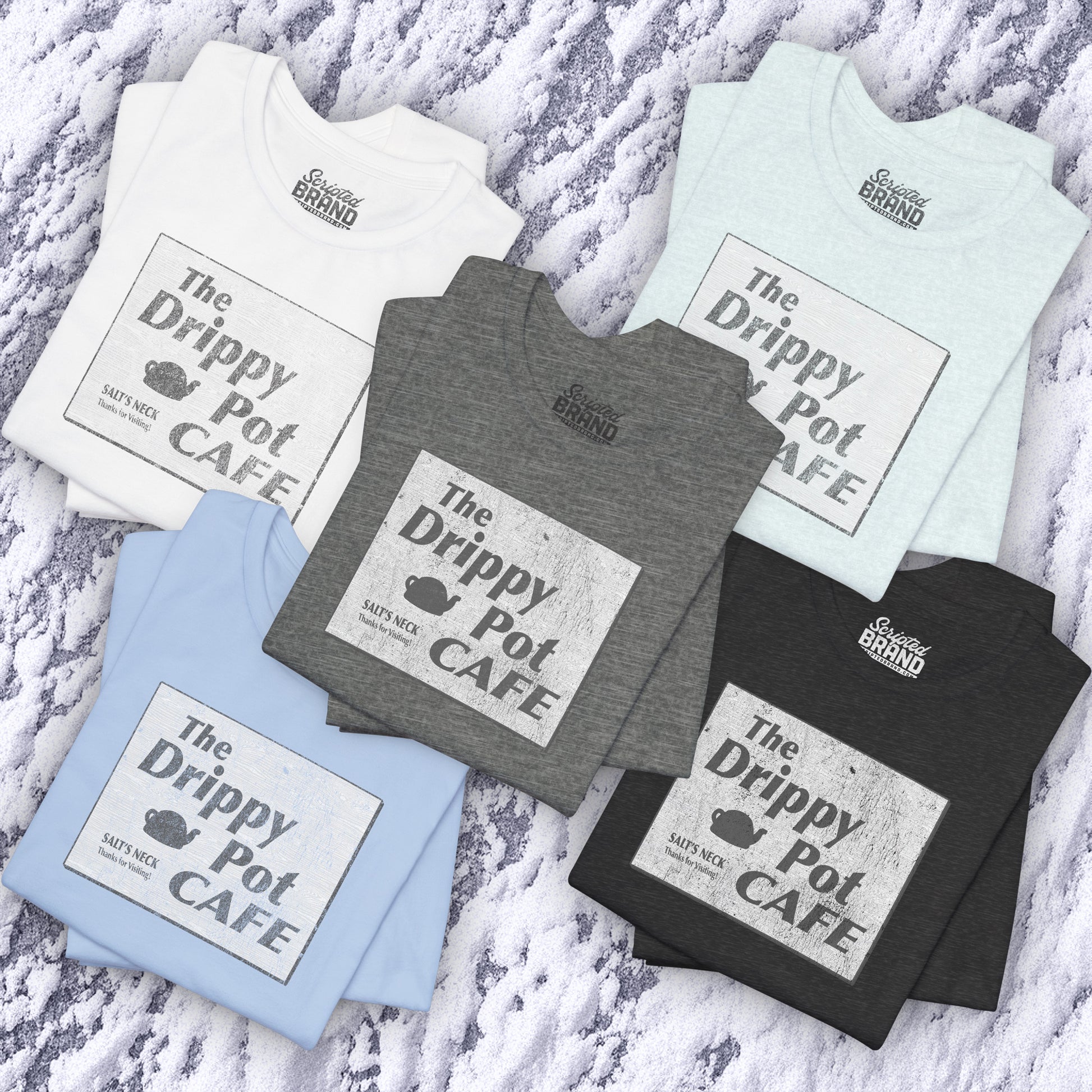 5 Bella+Canvas short-sleeve t-shirts featuring vintage Drippy Pot Café logo from Severance TV show, unisex fit