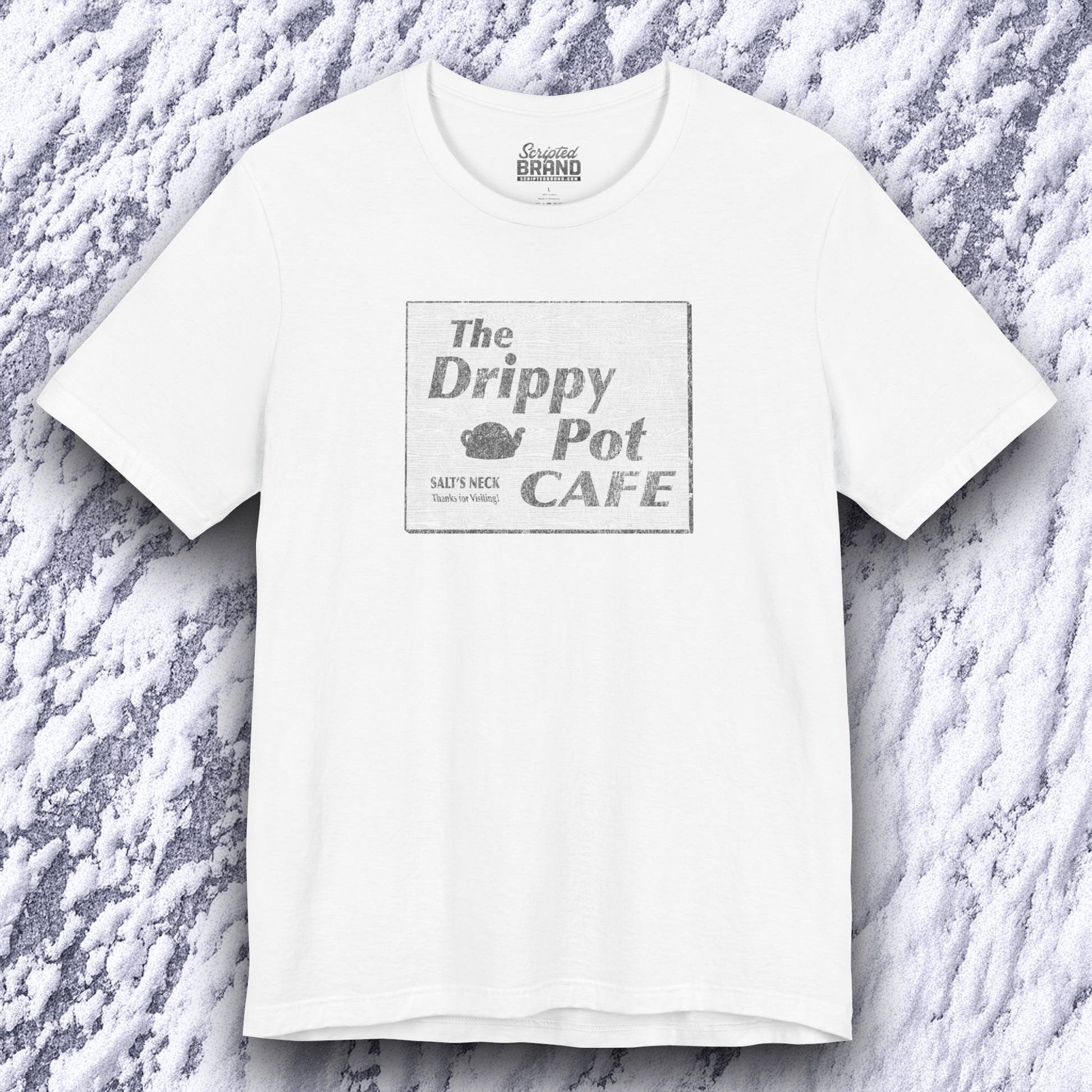 front view of white short-sleeve t-shirt featuring vintage Drippy Pot Café logo from Severance TV show, unisex fit
