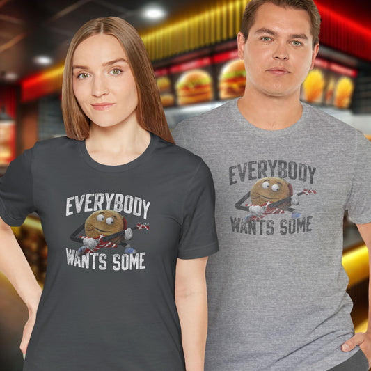 2 models wearing gray soft Bella+Canvas 3001 short-sleeve t-shirts featuring the phrase EVERYBODY WANTS SOME with a graphic of the Van Halen singing hamburger playing guitar from the movie Better Off Dead, designed by ScriptedBrand in a vintage distressed style.