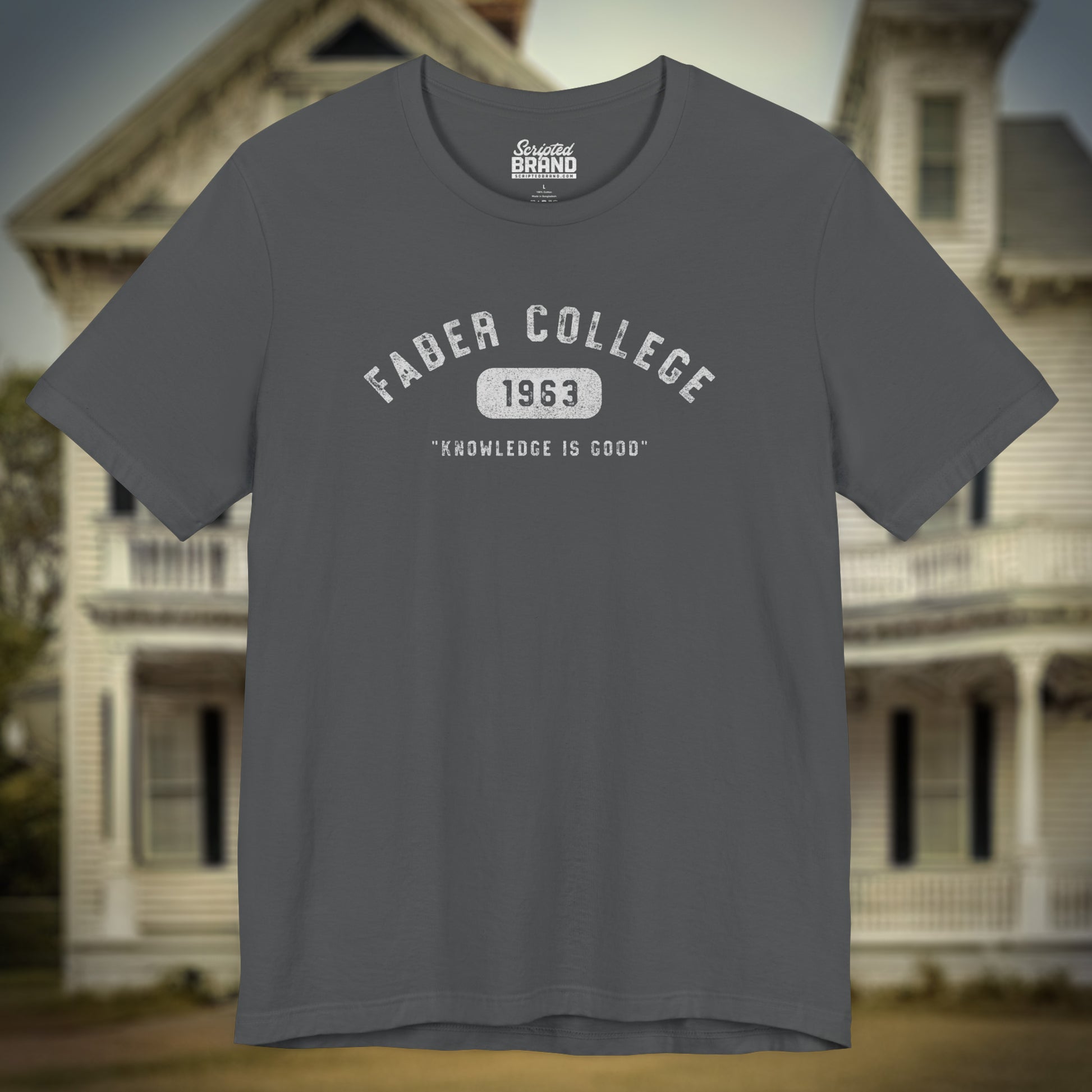 Asphalt gray t-shirt with 'Faber College 1963' text and 'Knowledge is Good' slogan from Animal House movie.