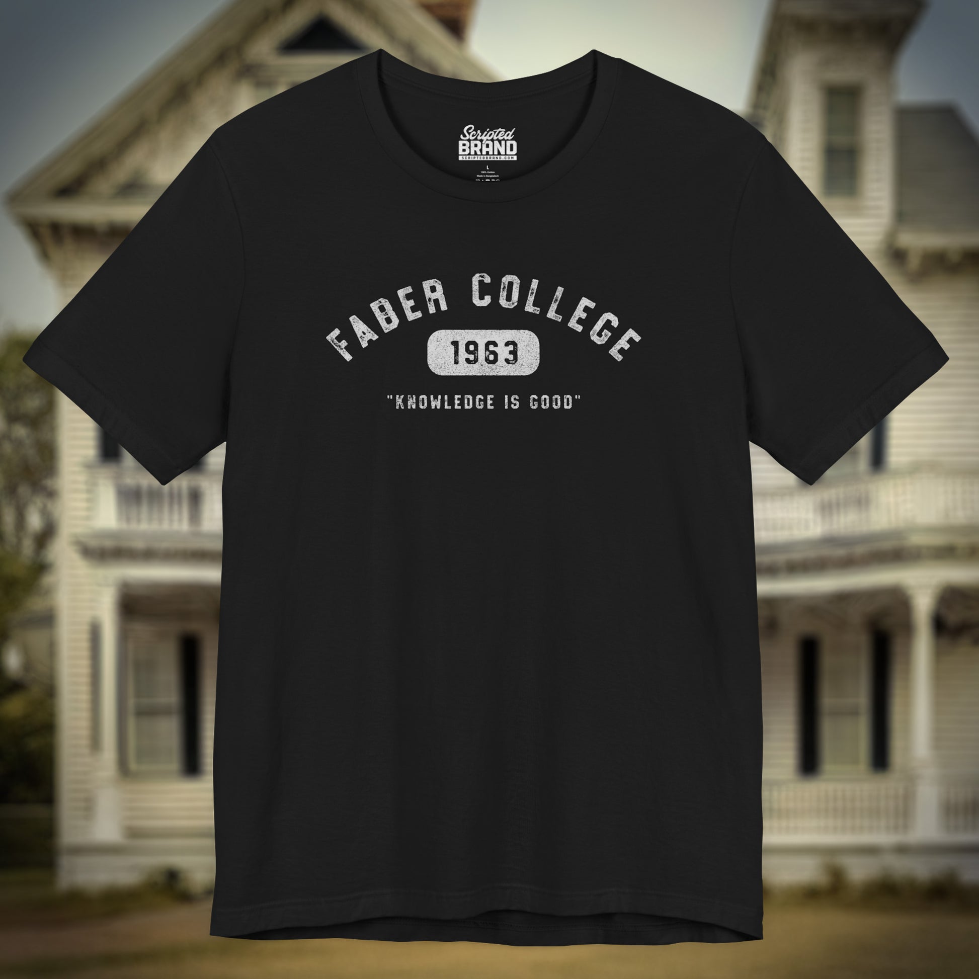 Black t-shirt with 'Faber College 1963' text and 'Knowledge is Good' slogan from Animal House movie.