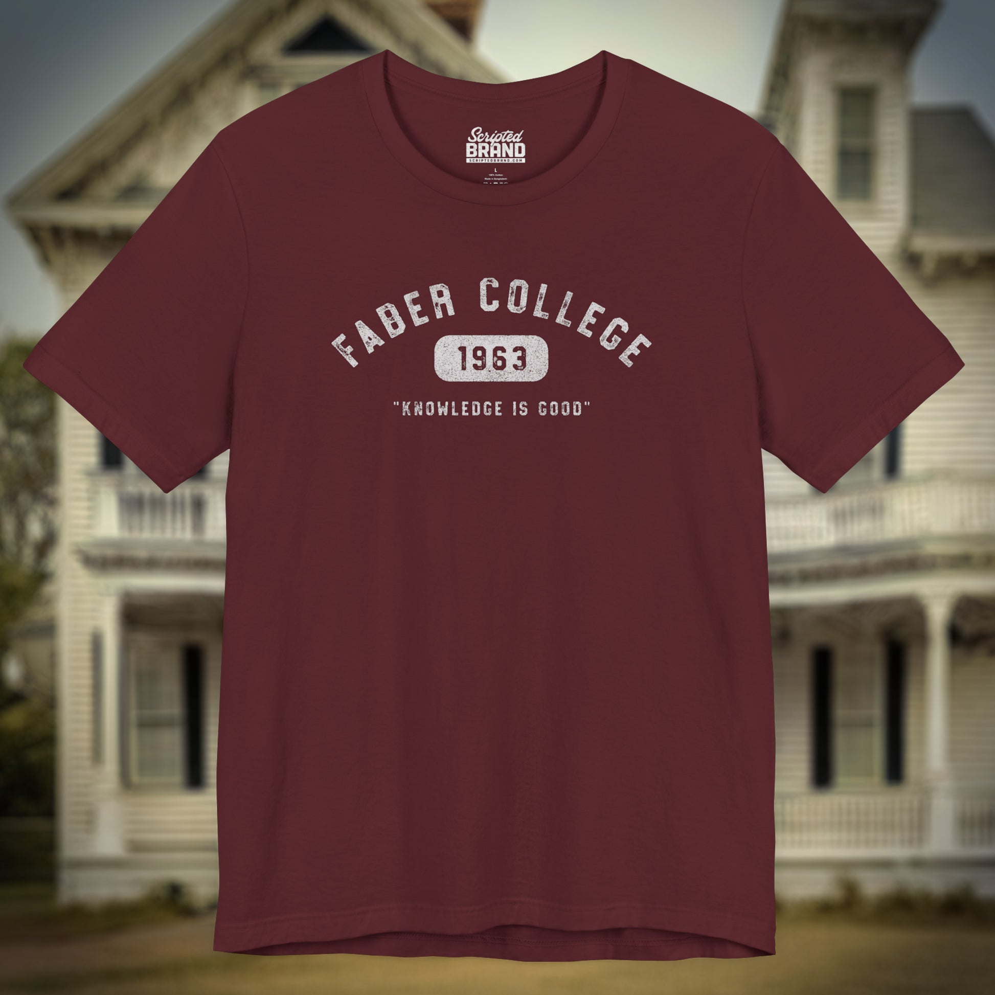 Maroon t-shirt with 'Faber College 1963' text and 'Knowledge is Good' slogan from Animal House movie.