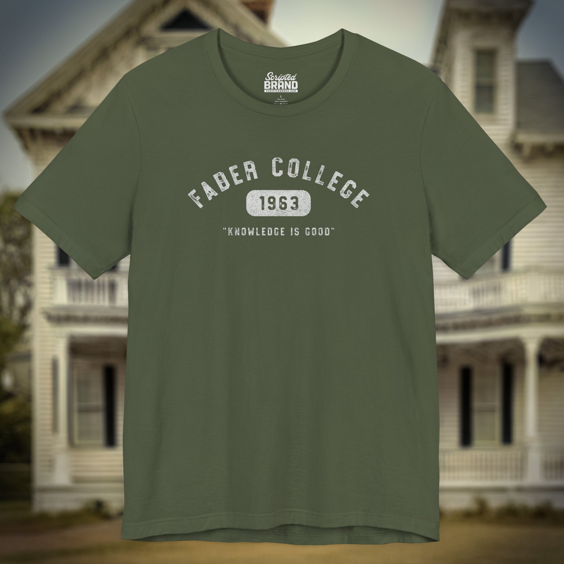Military Green t-shirt with 'Faber College 1963' text and 'Knowledge is Good' slogan from Animal House movie.