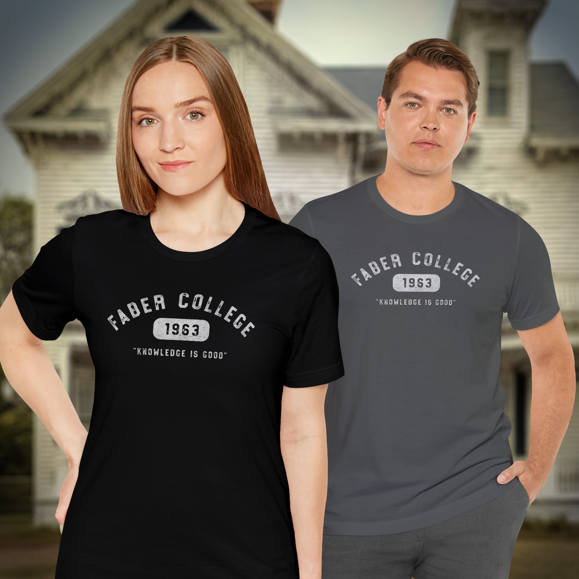 2 people wearing t-shirts with 'Faber College 1963' text and 'Knowledge is Good' slogan from Animal House movie.