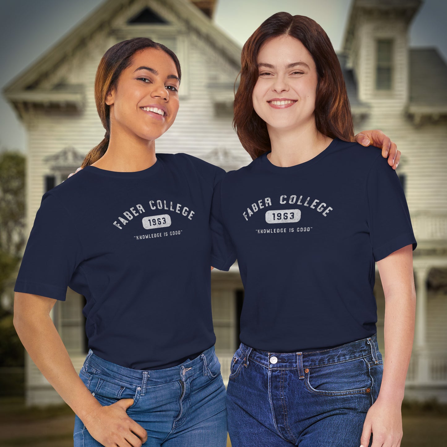Two people wearing navy blue t-shirts with 'Faber College 1963' text in front of a house.