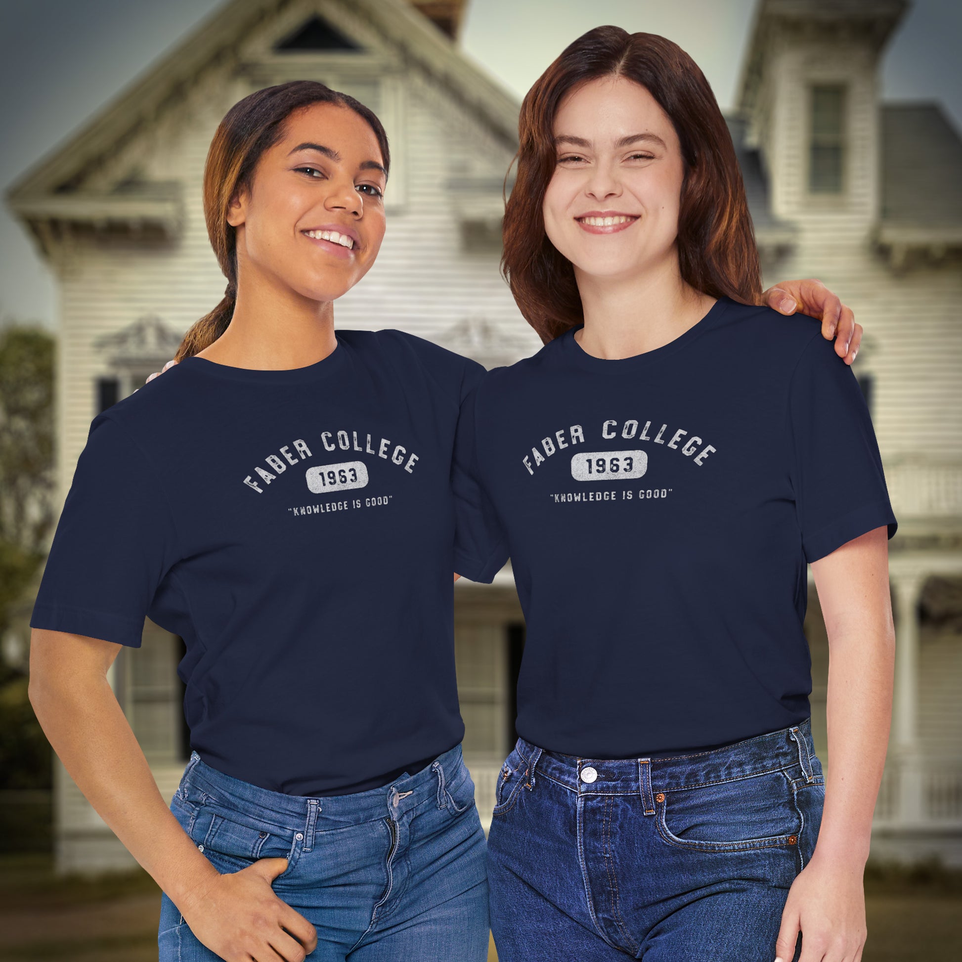 Two people wearing navy blue t-shirts with 'Faber College 1963' text in front of a house.