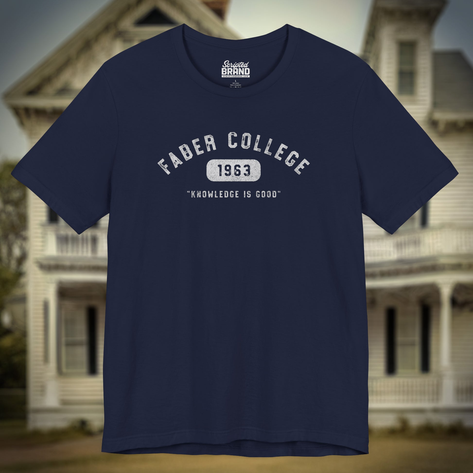 Navy Blue t-shirt with 'Faber College 1963' text and 'Knowledge is Good' slogan from Animal House movie.