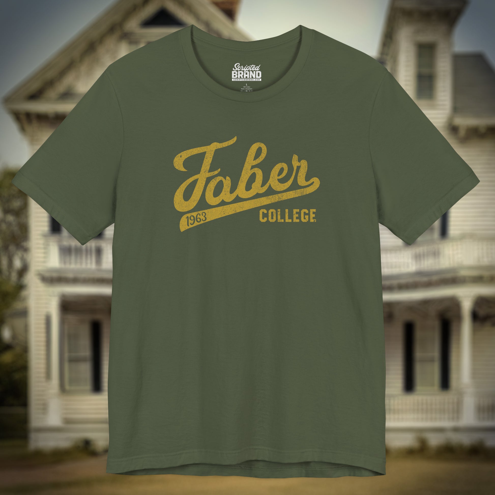 Military Green t-shirt with Faber College Script logo from the movie Animal House in a vintage distressed style.