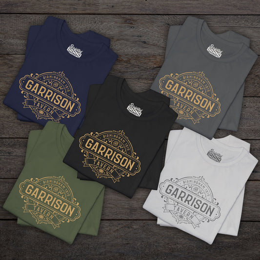 Group of 5 folded soft Bella+Canvas 3001 short-sleeve t-shirts featuring the Garrison Tavern Bar Logo Graphic inspired by the TV show and movie Peaky Blinders in a vintage distressed style, sold by ScriptedBrand.