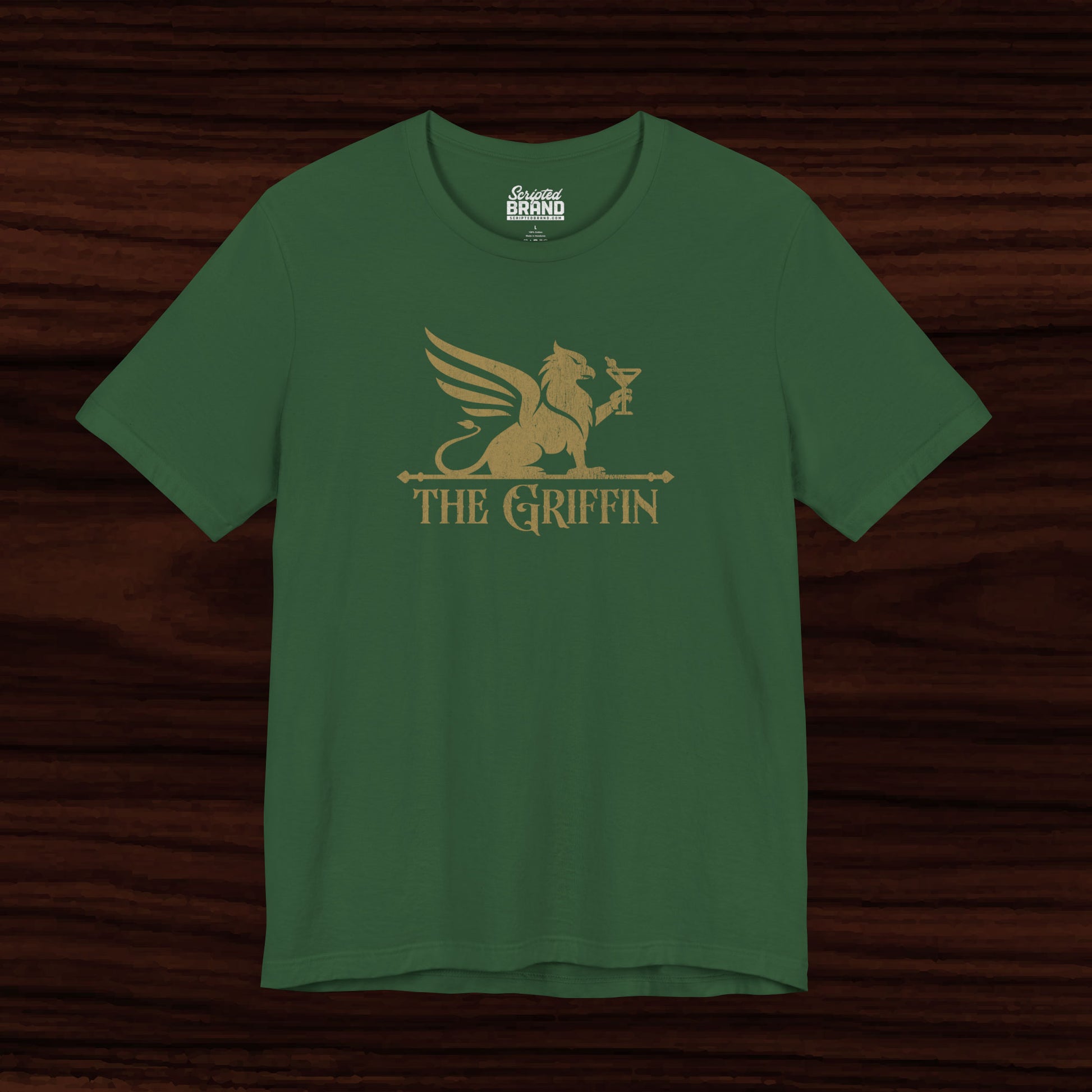 Green t-shirt featuring gold 'The Griffin' Bar logo inspired by the TV show New Girl in a vintage distressed style.
