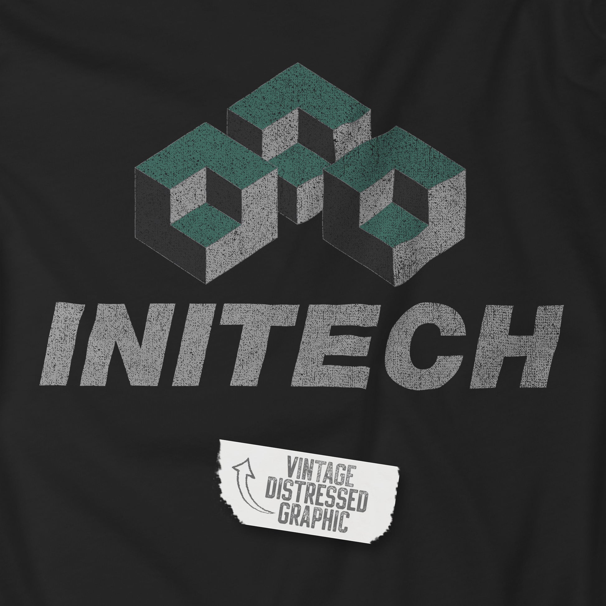 Closeup view of a black colored soft Bella+Canvas 3001 short-sleeve t-shirt featuring the Initech logo from the movie Office Space in a vintage distressed style, sold by ScriptedBrand.