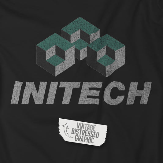 Closeup view of a black colored soft Bella+Canvas 3001 short-sleeve t-shirt featuring the Initech logo from the movie Office Space in a vintage distressed style, sold by ScriptedBrand.