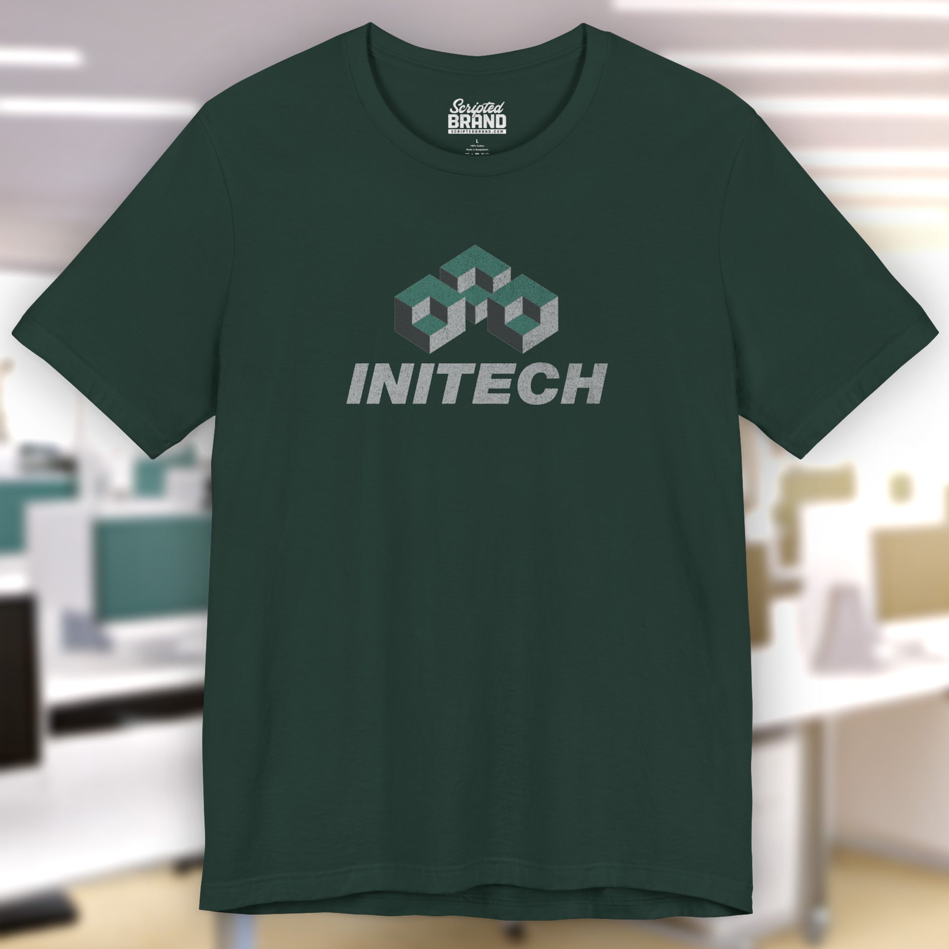 Front view of a forest green colored soft Bella+Canvas 3001 short-sleeve t-shirt featuring the Initech logo from the movie Office Space in a vintage distressed style, sold by ScriptedBrand.