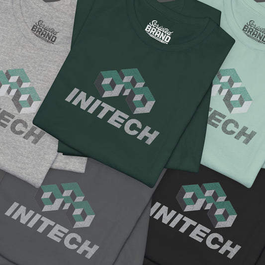 Group of 5 folded soft Bella+Canvas 3001 short-sleeve t-shirts featuring the Initech logo from the movie Office Space in a vintage distressed style, sold by ScriptedBrand.