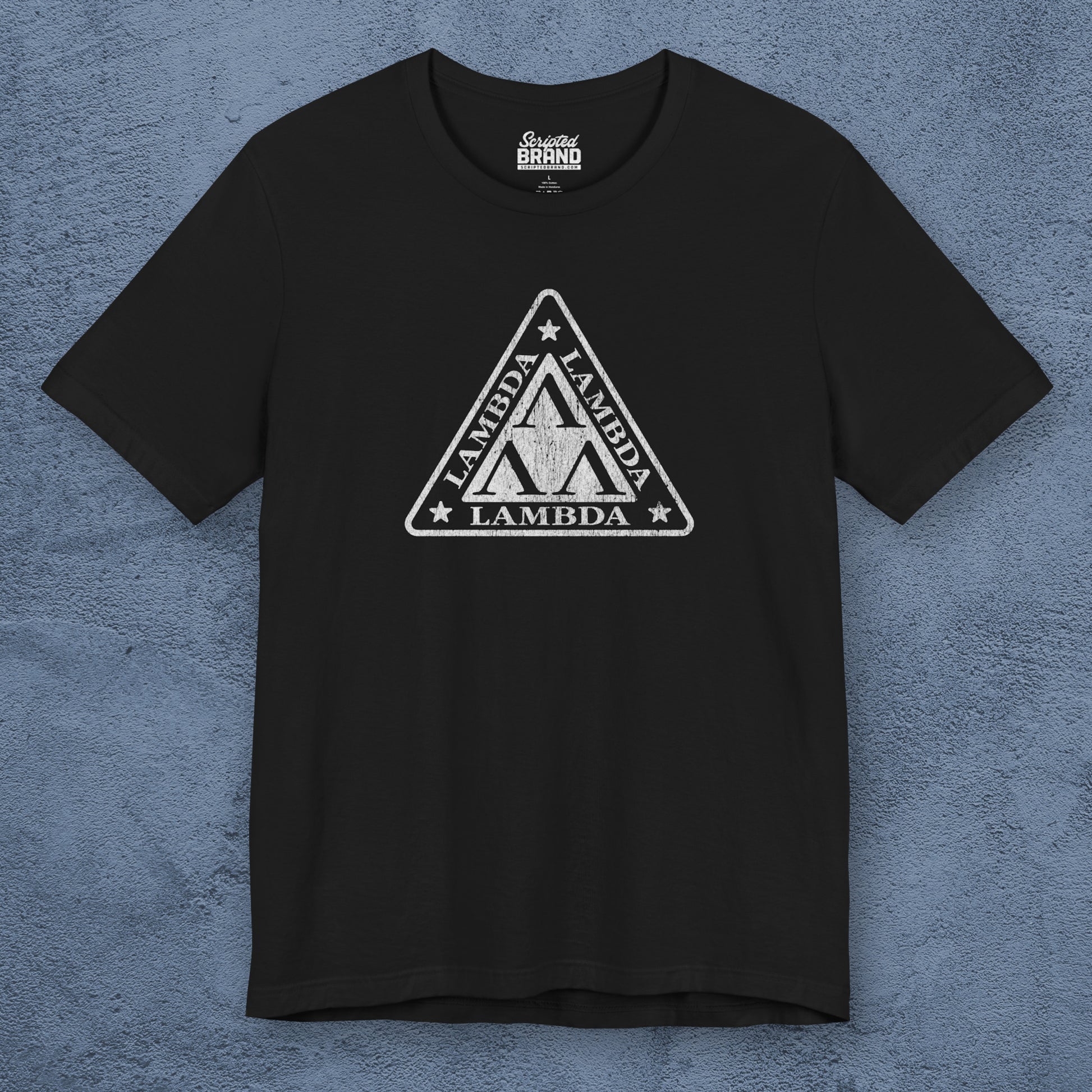 Front view of a black colored Tri-Lam soft Bella+Canvas 3001 short-sleeve t-shirt featuring the logo graphic of the fictional fraternity Lambda Lambda Lambda, inspired by the movie Revenge of the Nerds, printed in a vintage distressed style, sold by ScriptedBrand.