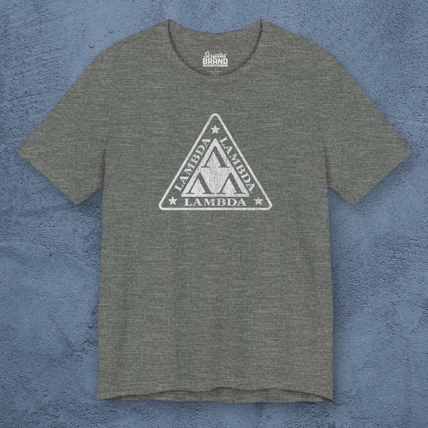 Front view of a deep heather colored Tri-Lam soft Bella+Canvas 3001 short-sleeve t-shirt featuring the logo graphic of the fictional fraternity Lambda Lambda Lambda, inspired by the movie Revenge of the Nerds, printed in a vintage distressed style, sold by ScriptedBrand.