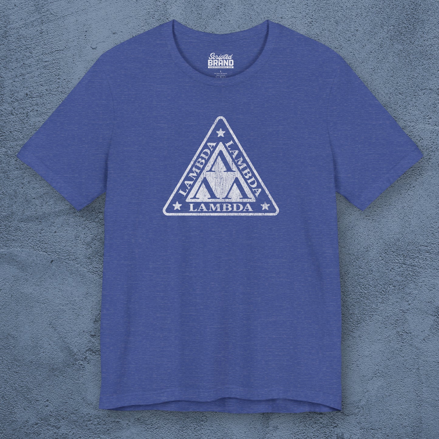 Front view of a heather royal blue colored Tri-Lam soft Bella+Canvas 3001 short-sleeve t-shirt featuring the logo graphic of the fictional fraternity Lambda Lambda Lambda, inspired by the movie Revenge of the Nerds, printed in a vintage distressed style, sold by ScriptedBrand.