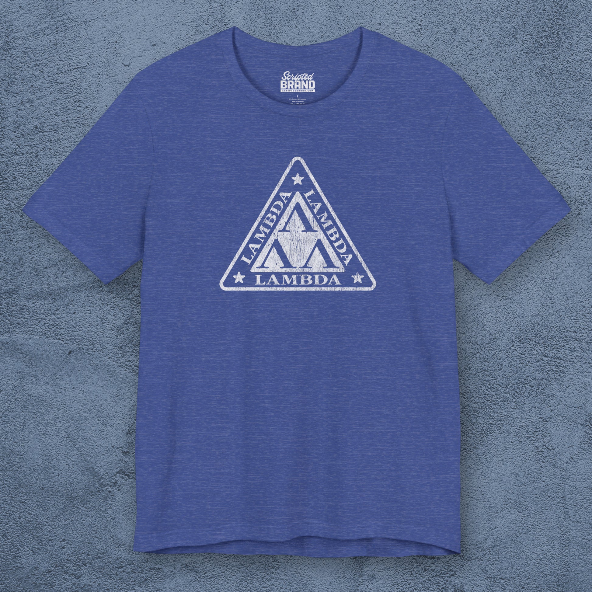 Front view of a heather royal blue colored Tri-Lam soft Bella+Canvas 3001 short-sleeve t-shirt featuring the logo graphic of the fictional fraternity Lambda Lambda Lambda, inspired by the movie Revenge of the Nerds, printed in a vintage distressed style, sold by ScriptedBrand.