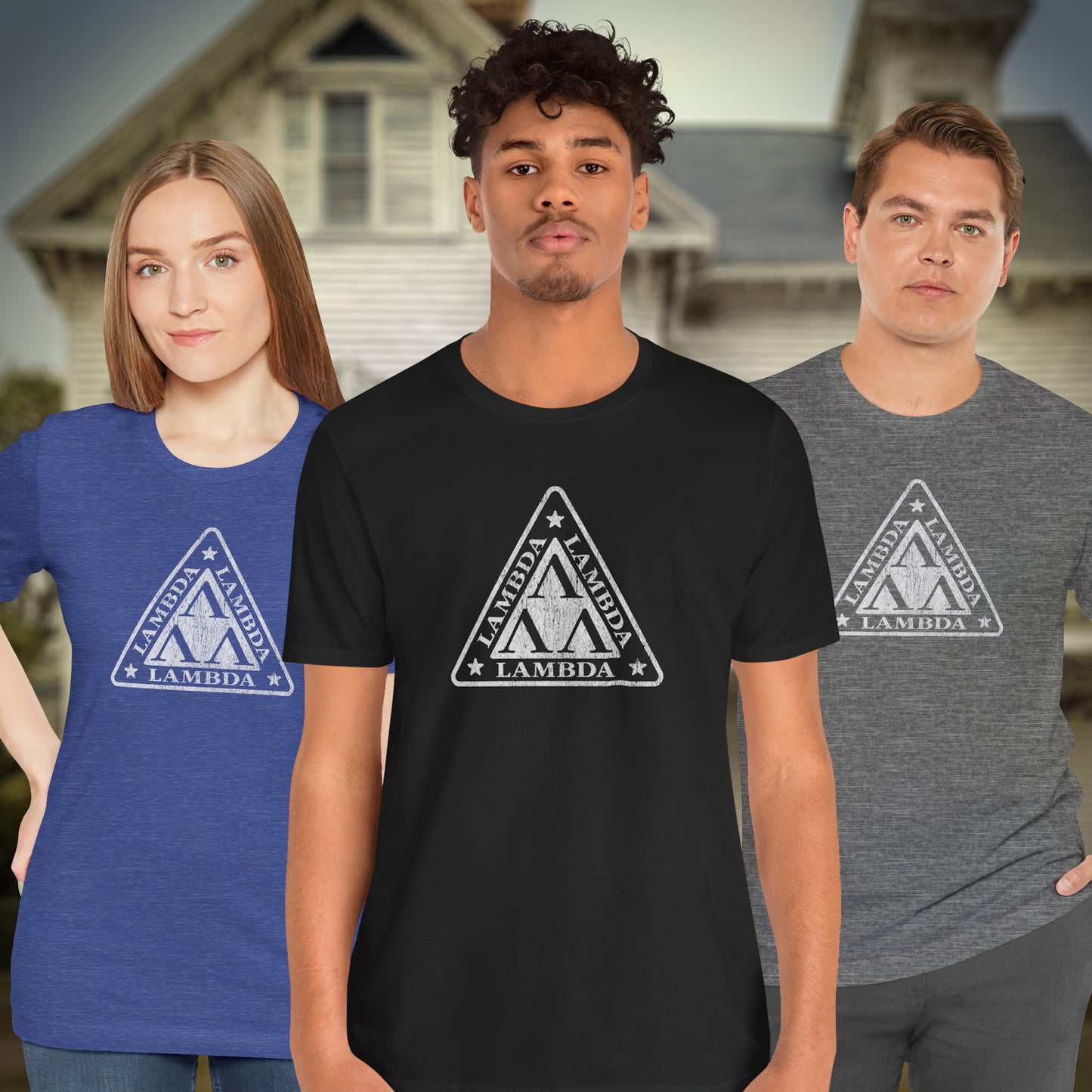 3 models wearing Tri-Lam soft Bella+Canvas 3001 short-sleeve t-shirts featuring the logo graphic of the fictional fraternity Lambda Lambda Lambda, inspired by the movie Revenge of the Nerds, printed in a vintage distressed style, sold by ScriptedBrand.