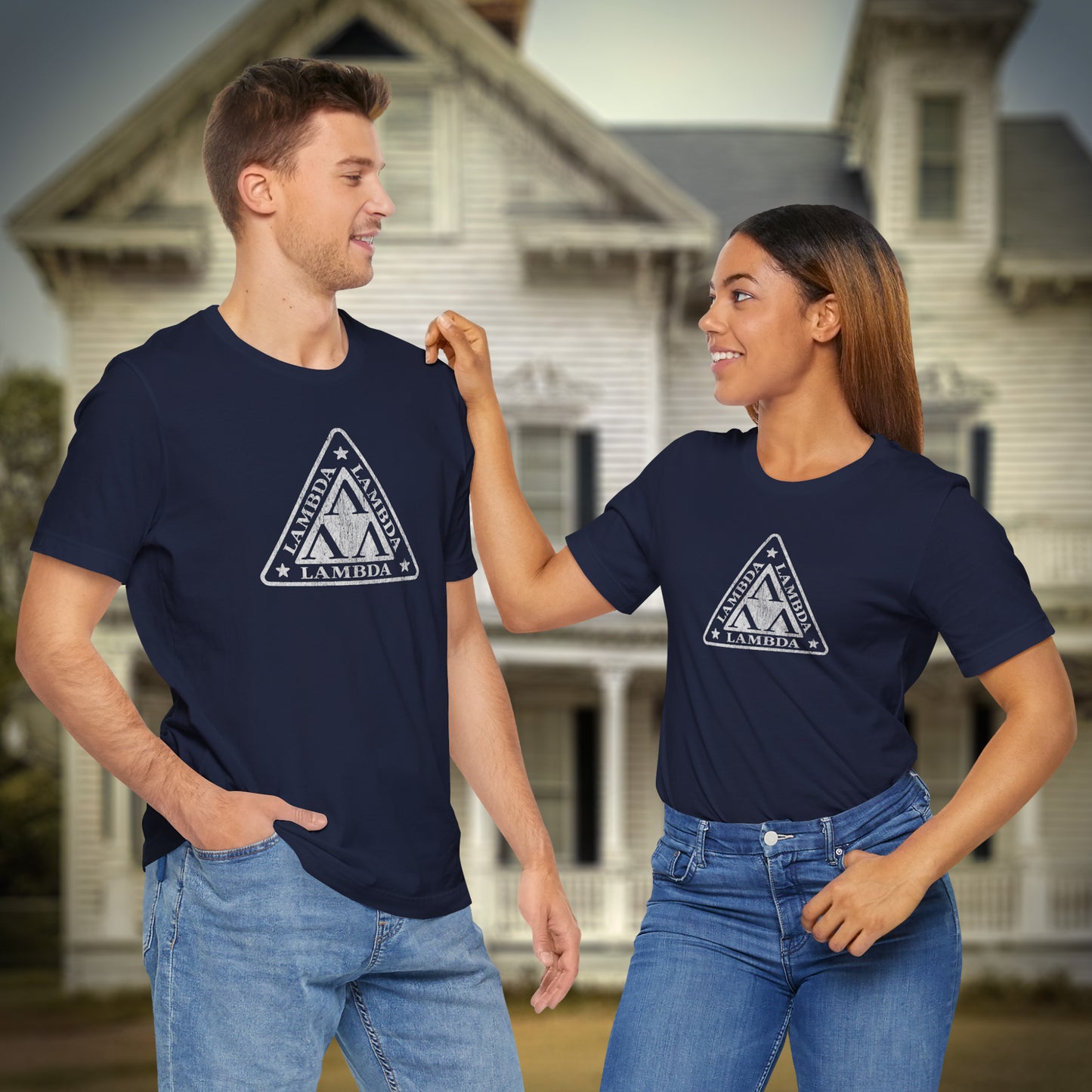 2 models wearing navy blue Tri-Lam soft Bella+Canvas 3001 short-sleeve t-shirts featuring the logo graphic of the fictional fraternity Lambda Lambda Lambda, inspired by the movie Revenge of the Nerds, printed in a vintage distressed style, sold by ScriptedBrand.