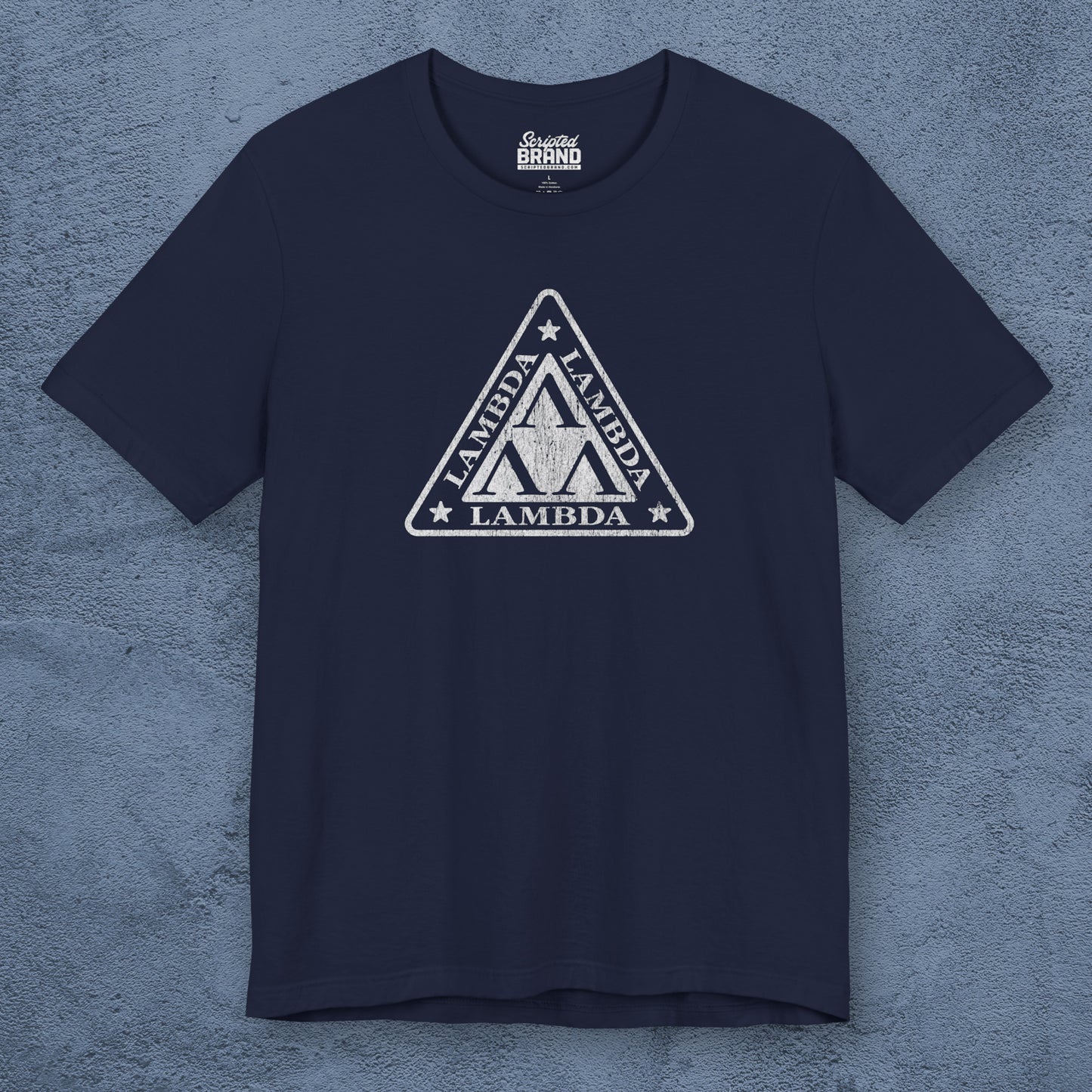 Front view of a navy blue colored Tri-Lam soft Bella+Canvas 3001 short-sleeve t-shirt featuring the logo graphic of the fictional fraternity Lambda Lambda Lambda, inspired by the movie Revenge of the Nerds, printed in a vintage distressed style, sold by ScriptedBrand.