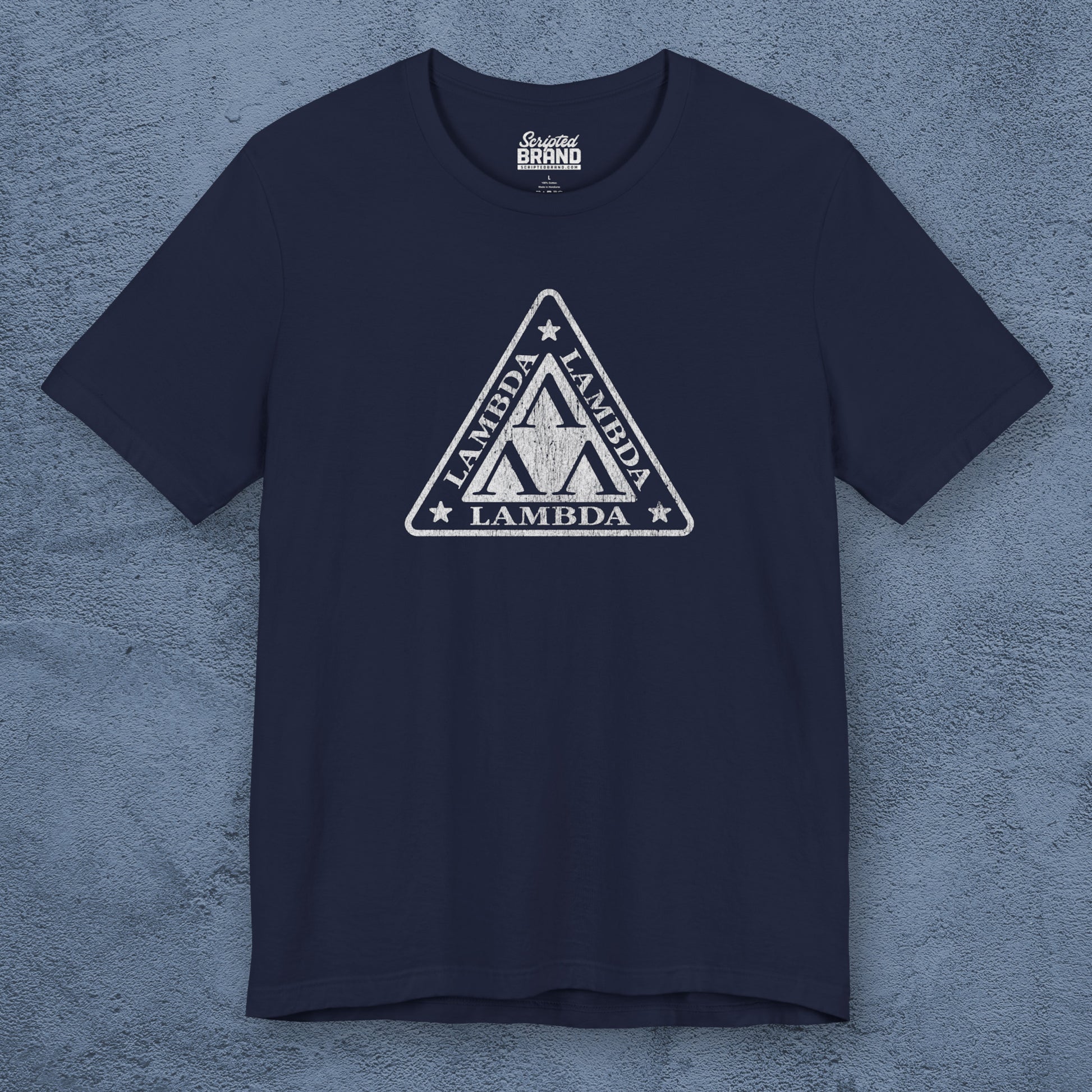 Front view of a navy blue colored Tri-Lam soft Bella+Canvas 3001 short-sleeve t-shirt featuring the logo graphic of the fictional fraternity Lambda Lambda Lambda, inspired by the movie Revenge of the Nerds, printed in a vintage distressed style, sold by ScriptedBrand.