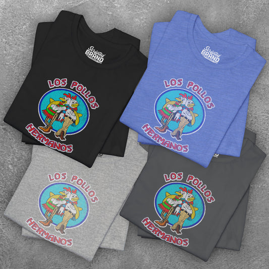 Group of 4 folded Soft short-sleeve Bella+Canvas 3001 t-shirts featuring the Los Pollos Hermanos logo graphic from the TV show Breaking Bad in a vintage distressed style.