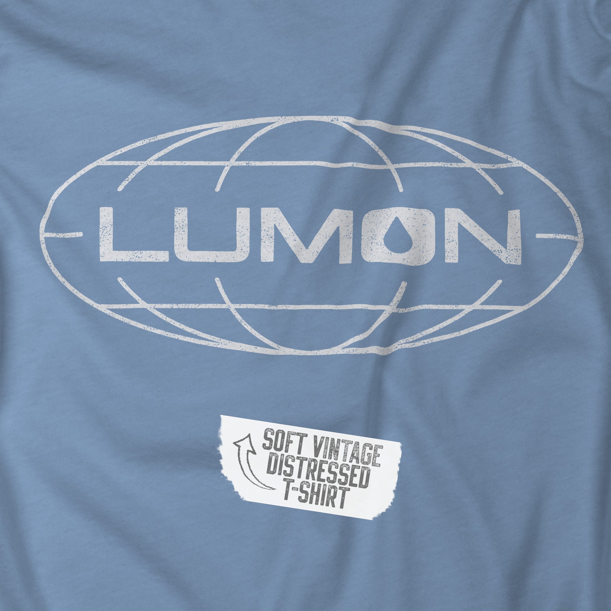 Closeup view of a steel blue colored soft Bella+Canvas shirtsleeve t-shirt with the Lumon Industries logo from the TV show Severance in a vintage distressed ink-stamped style.