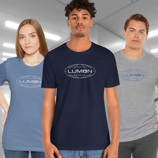 3 models wearing soft Bella+Canvas shirtsleeve t-shirts with the Lumon Industries logo from the TV show Severance in a vintage distressed ink-stamped style.