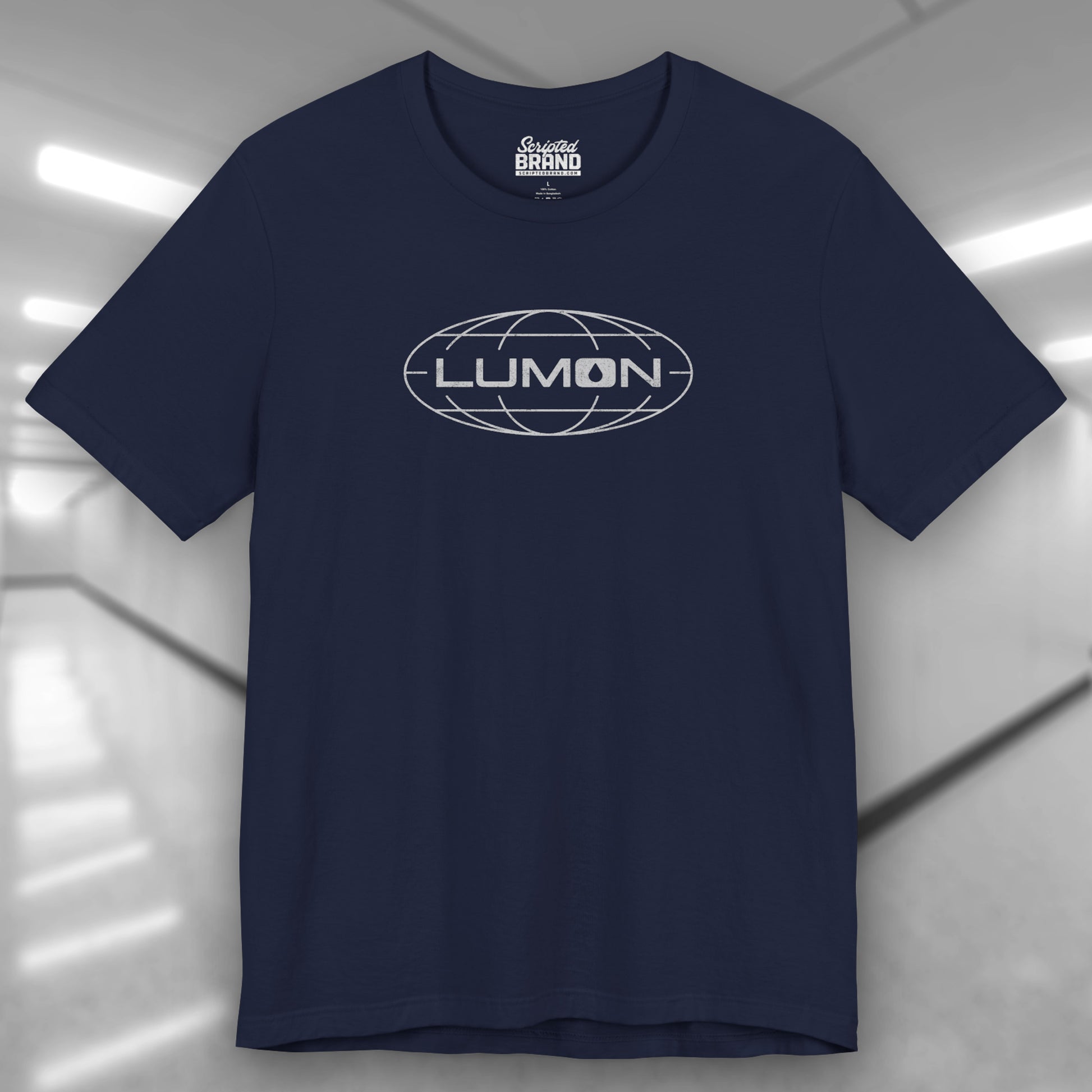 Navy blue colored soft Bella+Canvas shirtsleeve t-shirt with the Lumon Industries logo from the TV show Severance in a vintage distressed ink-stamped style.