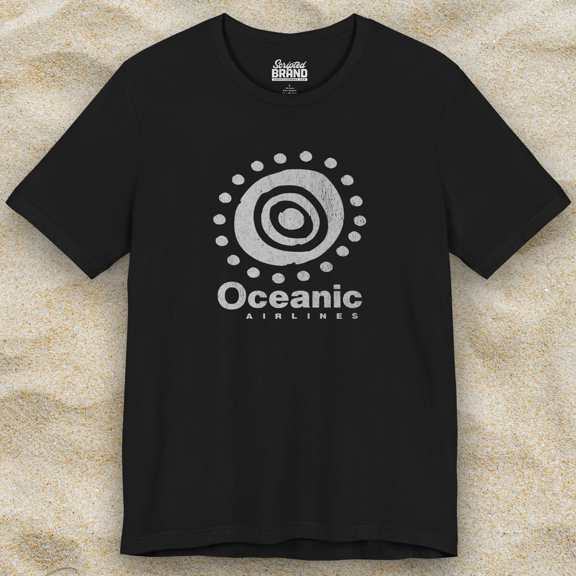 Black t-shirt featuring the Oceanic Airlines logo graphic from the TV show LOST in a vintage distressed style.