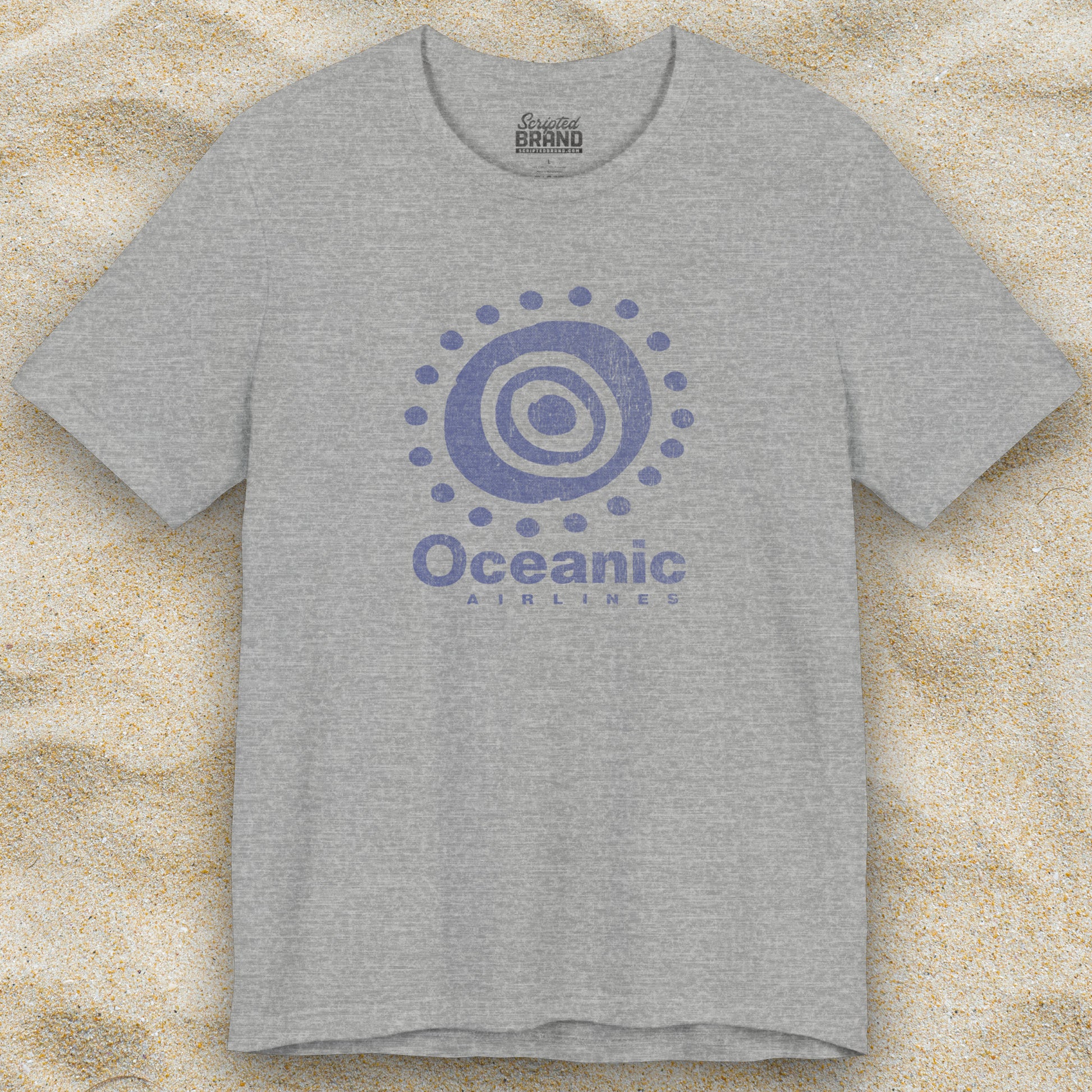 Heather gray t-shirt featuring the Oceanic Airlines logo graphic from the TV show LOST in a vintage distressed style.