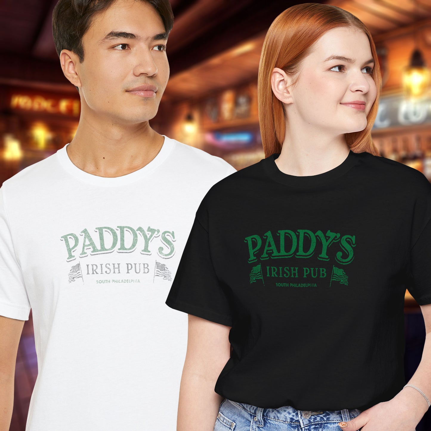2 models wearing black and white colored soft Bella+Canvas 3001 short-sleeve t-shirts featuring the green Paddy's Pub logo from the TV Show It's Always Sunny in Philadelphia, in a vintage distressed style, sold by ScriptedBrand.