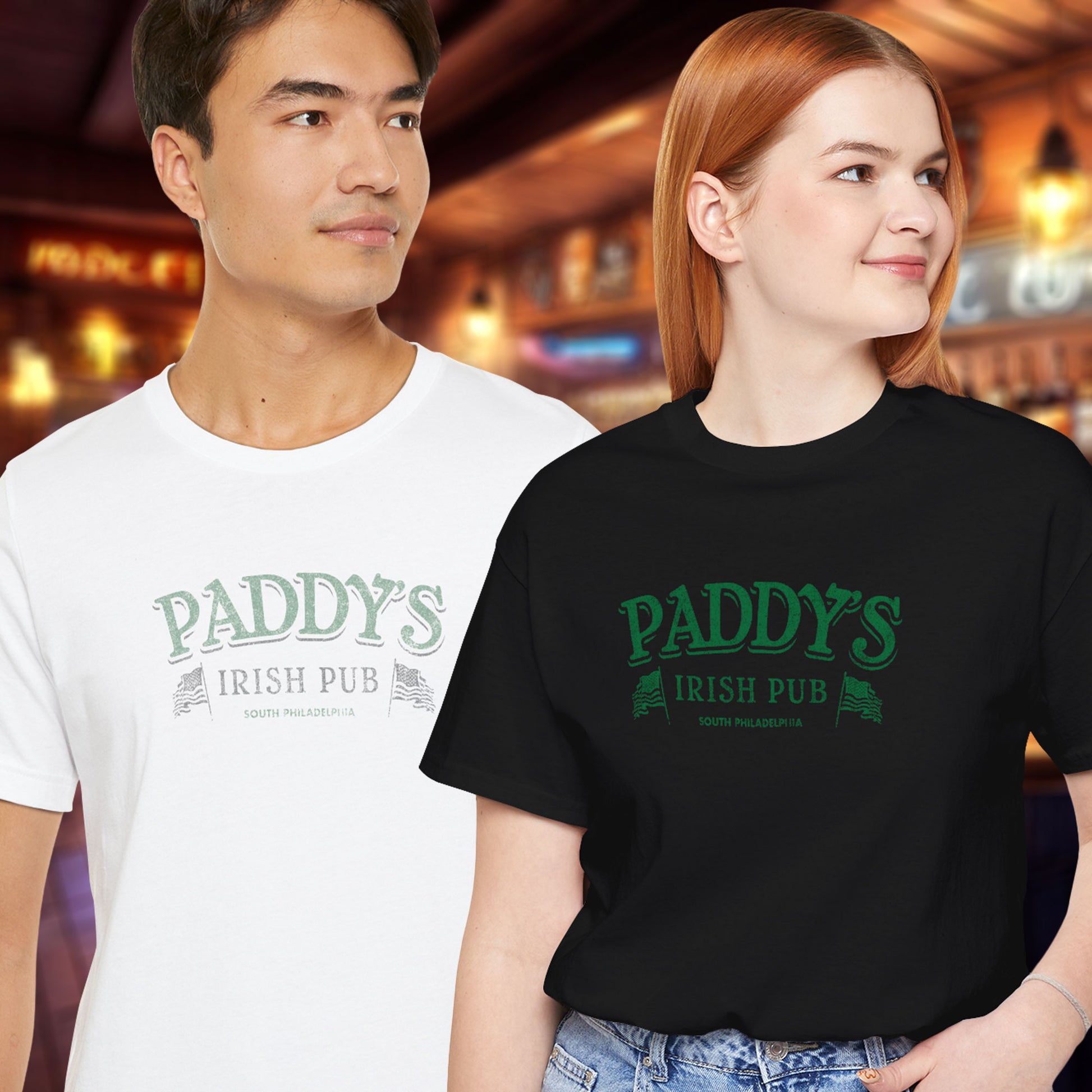 2 models wearing black and white colored soft Bella+Canvas 3001 short-sleeve t-shirts featuring the green Paddy's Pub logo from the TV Show It's Always Sunny in Philadelphia, in a vintage distressed style, sold by ScriptedBrand.