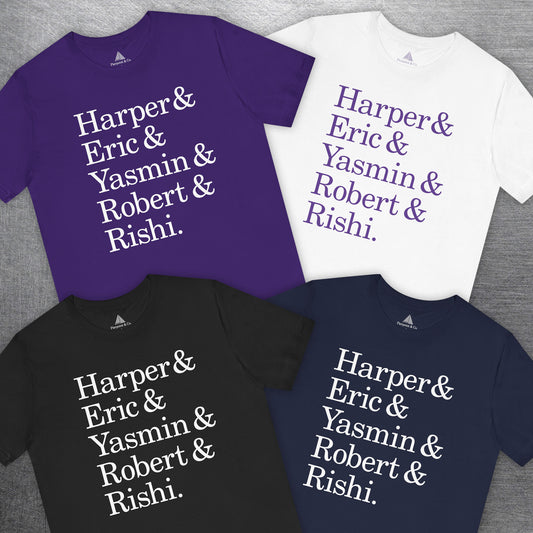 Four t-shirts with names Harper, Eric, Yasmin, Robert & Rishi in Pierpoint & Co. font, inspired by TV show Industry.